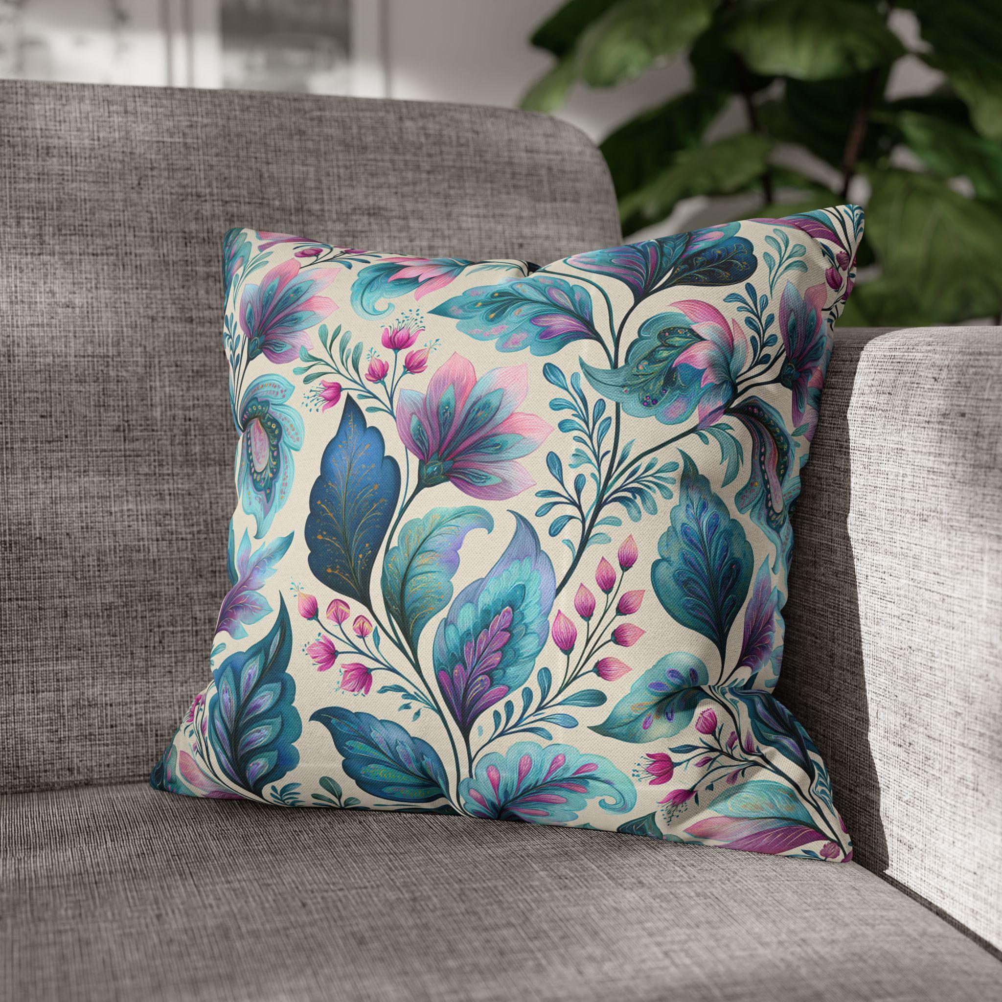Botanical Paisley Pillow Cover: Watercolor Jewel Tone in Teal, Aqua, Violet and Pink