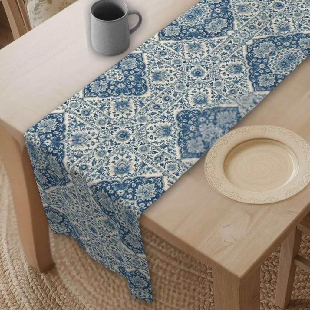 Toile Table Runner: Blue and Cream Botanical Dining Decor