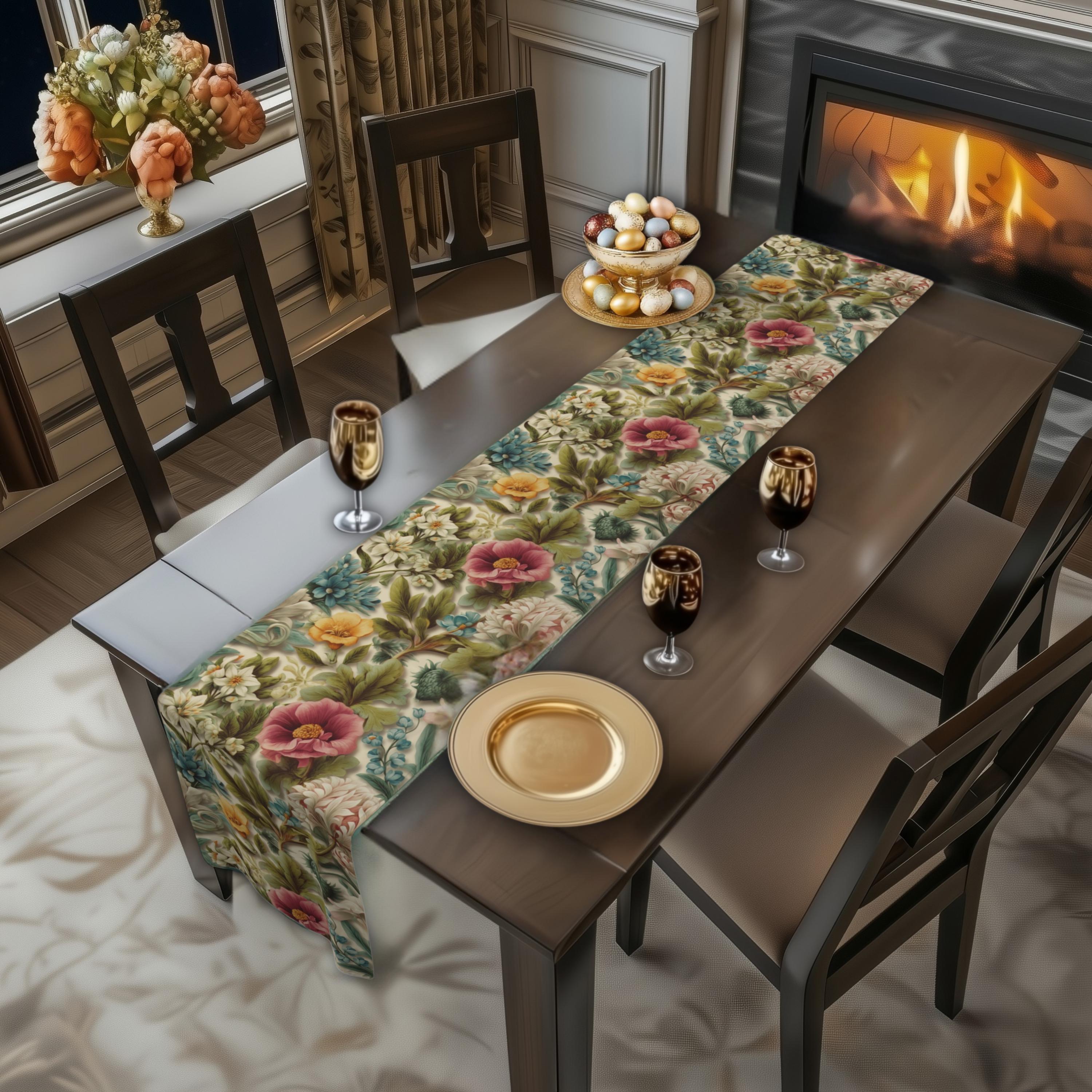 Watercolor Pastel Floral Table Runner:  Botanical Spring Garden Sage Pink Blue