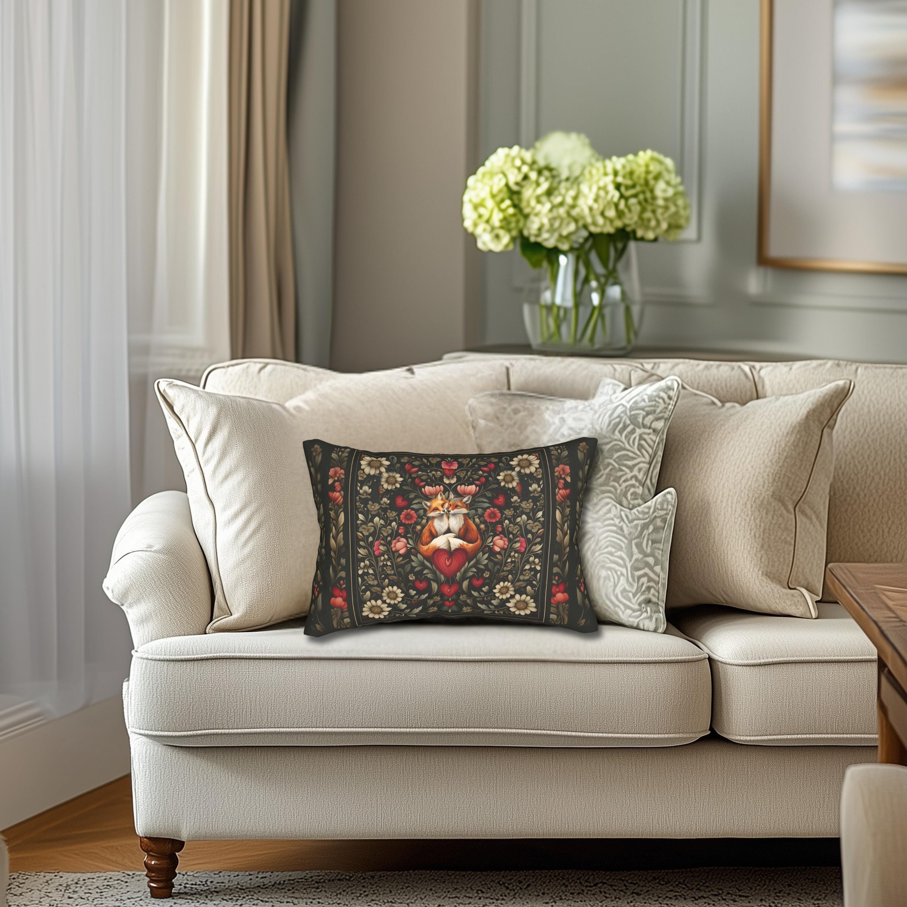 Fox Love William Morris Inspired Lumbar Pillow: Romantic Vintage Style Decor