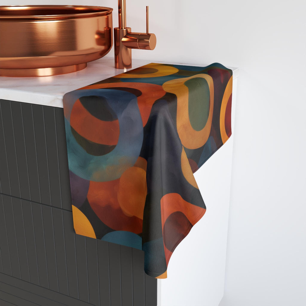 Retro Bold Circle Pattern Hand Towel: Burnt Orange, Gold, Teal on Black Background