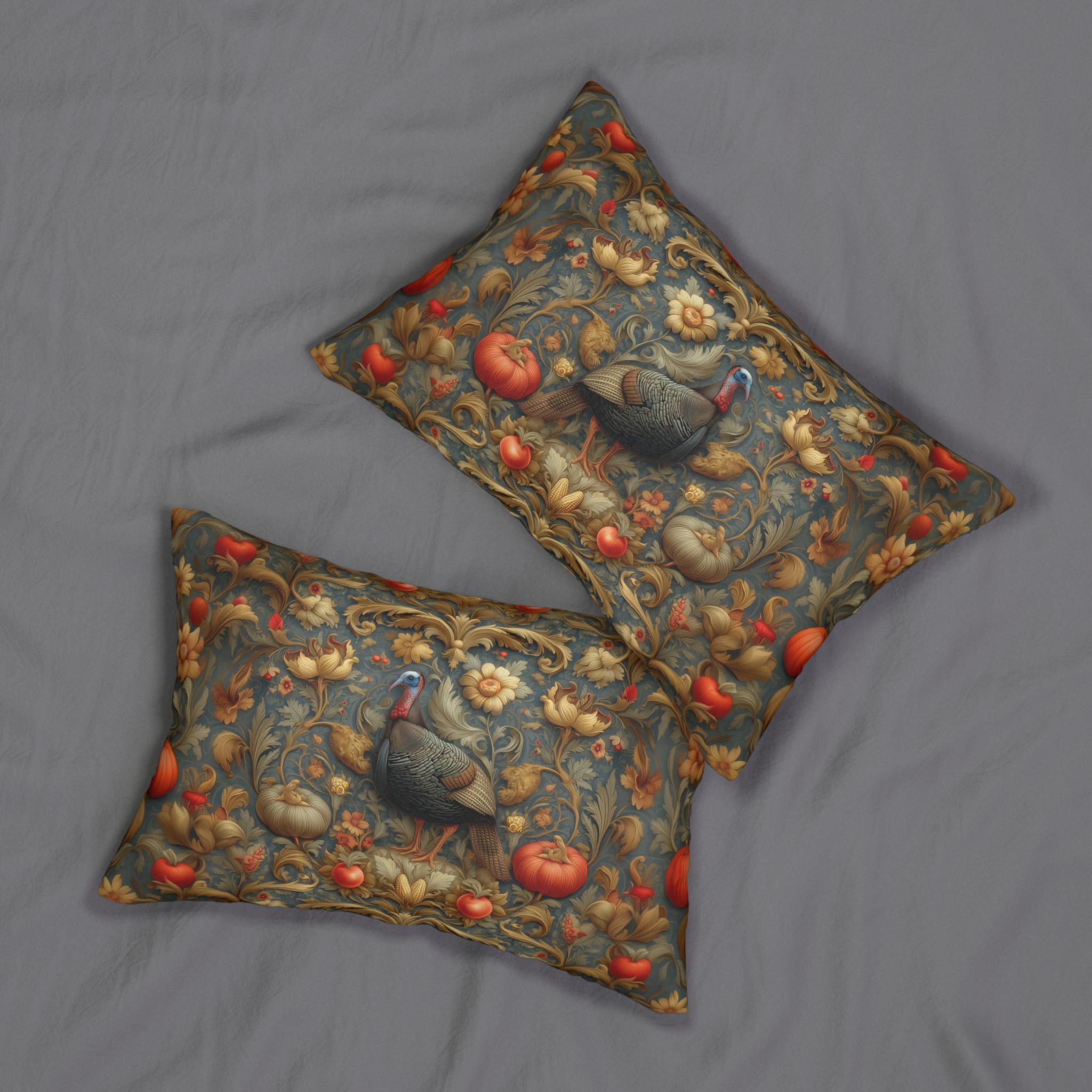 William Morris Wild Turkey Tapestry Lumbar Pillow: Autumn Harvest Thanksgiving Decor
