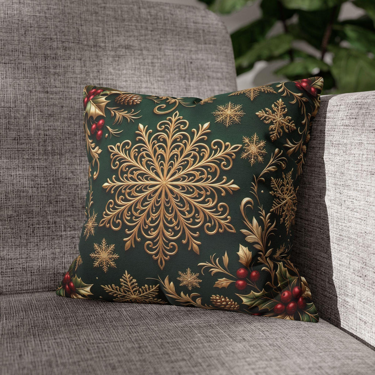 Emerald Green Holiday Pillow Cover: Brushed Gold Snowflake, Jewel Tone Christmas Urban Decor