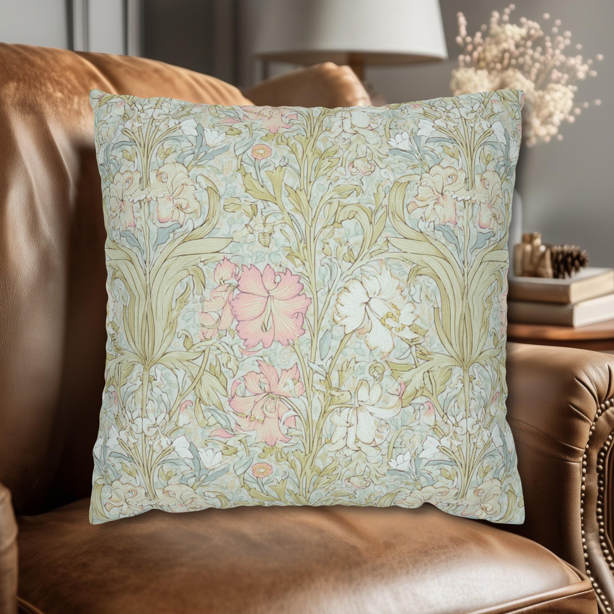 William Morris Style Pillow Cover: Soft Sage and Blush Botanical Ivory Cottage Decor