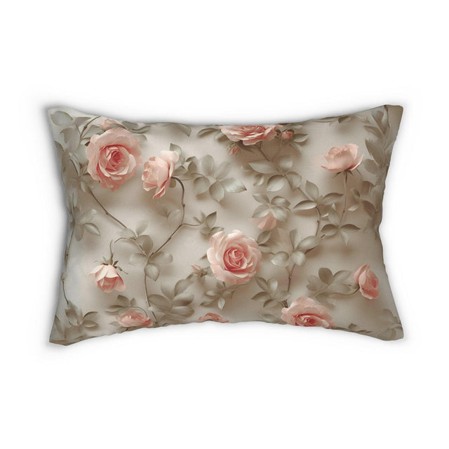 Vintage-Inspired Blush Pink Roses Lumbar Pillow - Classic Botanical Cushion for Elegant Home Decor