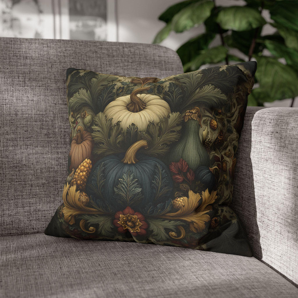 William Morris Inspired Autumn Harvest Tapestry Pillow Cover: Deep Teal with Ivory Blue & Gold