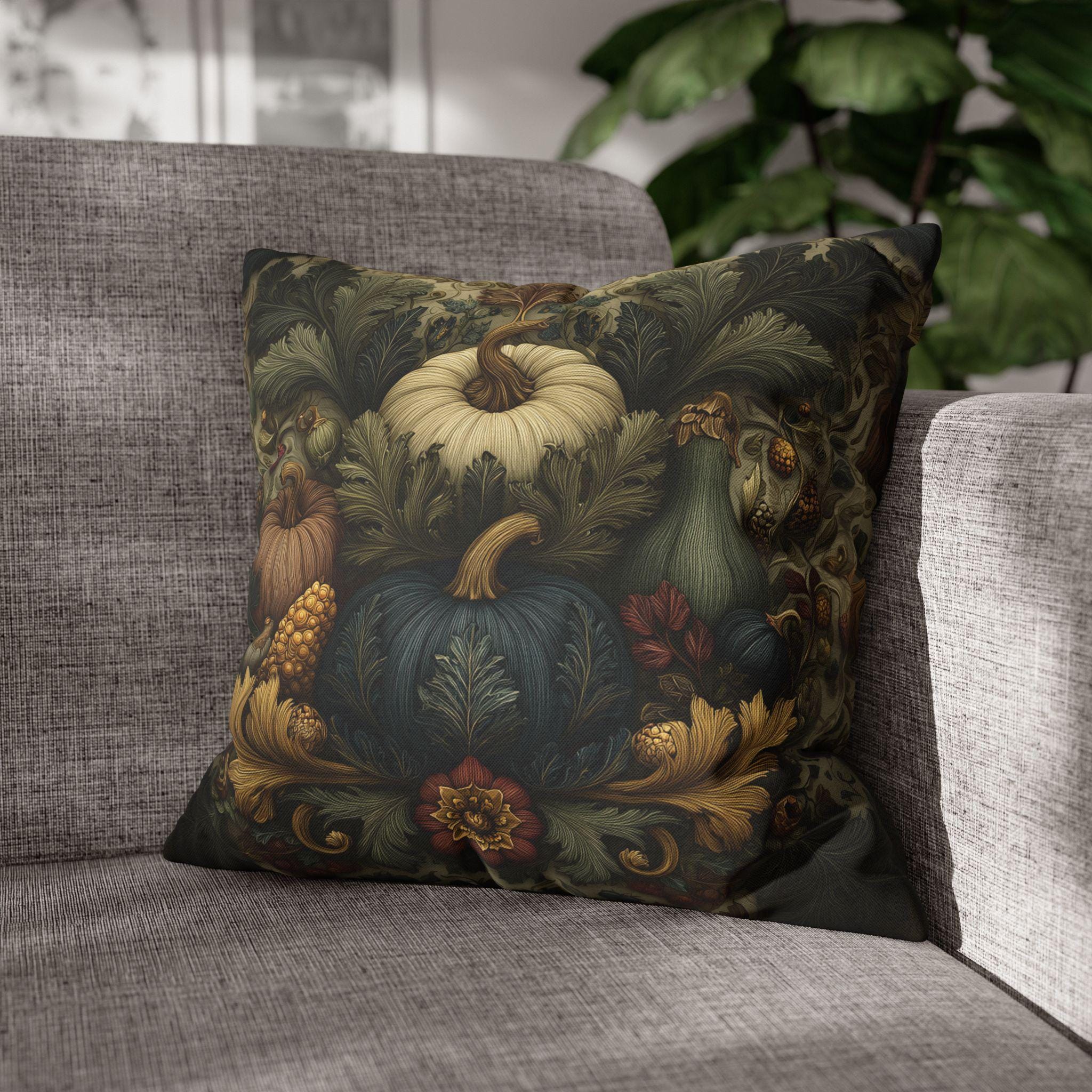 William Morris Inspired Autumn Harvest Tapestry Pillow Cover: Deep Teal with Ivory Blue & Gold