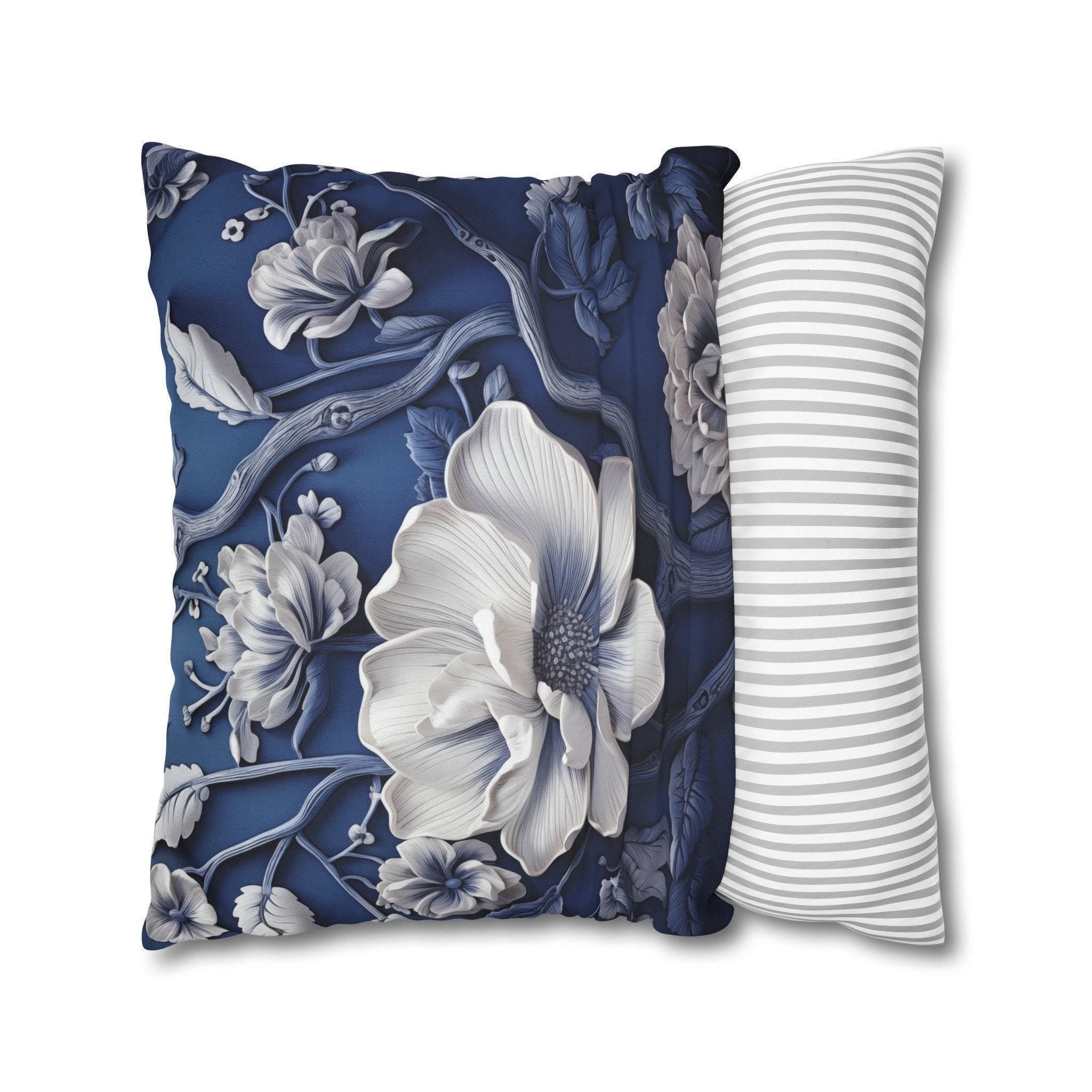 Porcelain-Style Blue Pillow Cover | Large White Blossoms Design | Chinoiserie Elegance for Home Decor