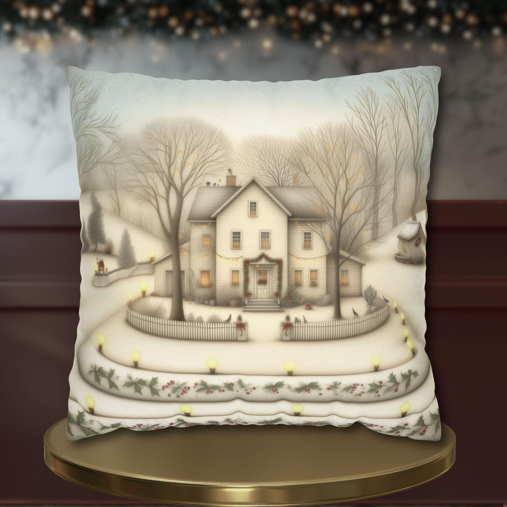 Country Farmhouse Christmas Pillow Cover: Vintage Style Winter Holiday Home Scene