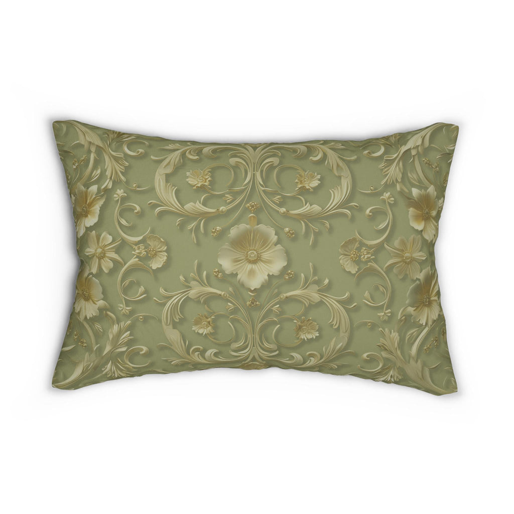 Elegant French Floral Lumbar Pillow - Sage Green with Pale Gold Intricate Design