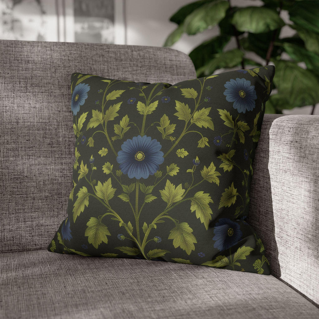 Botanical Pillow Cover: William Morris Inspired Green Cushion with Double-Sided Blue Floral Pattern