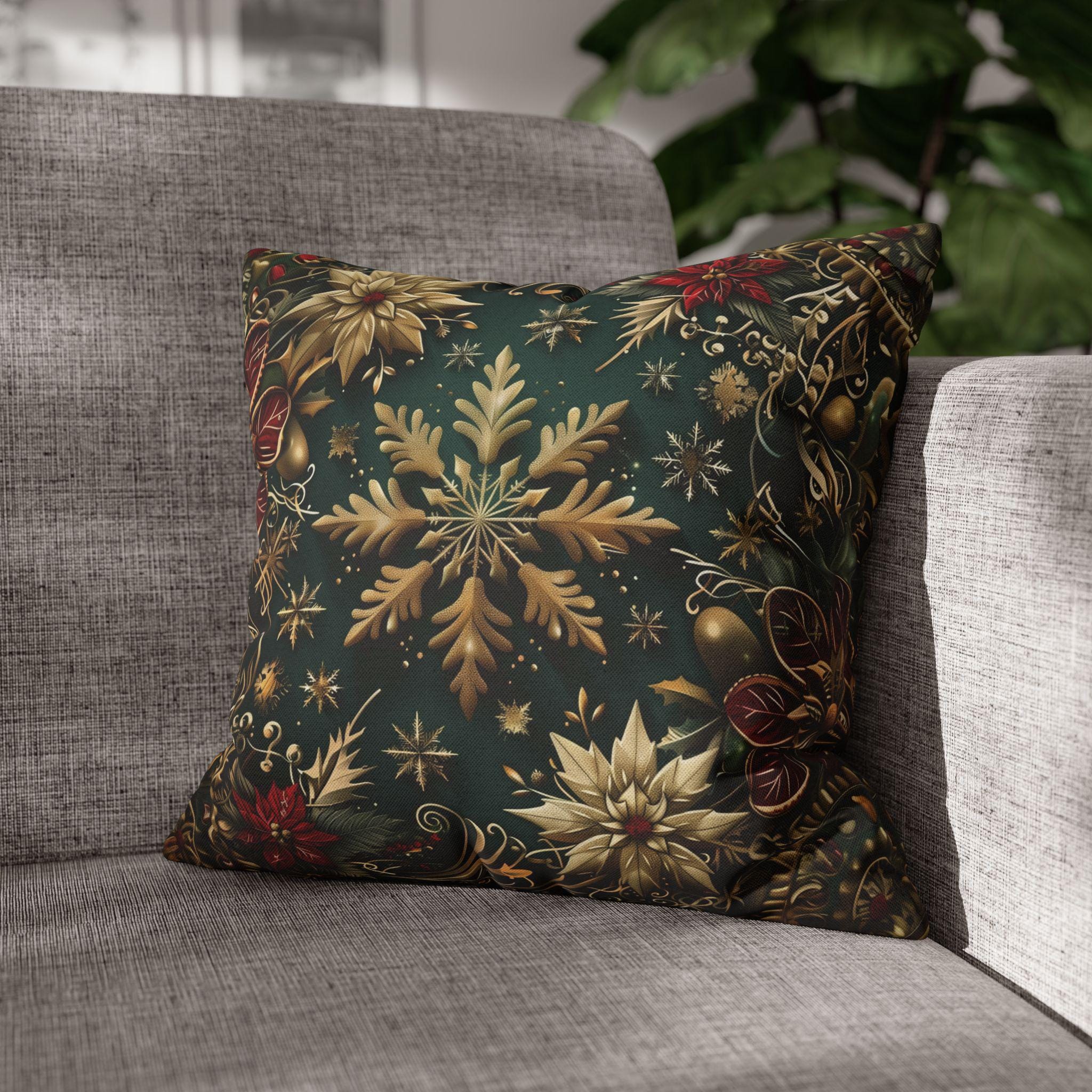 Victorian Snowflake Pillow Cover: Gold & Green with Red Poinsettias for Holiday Decor