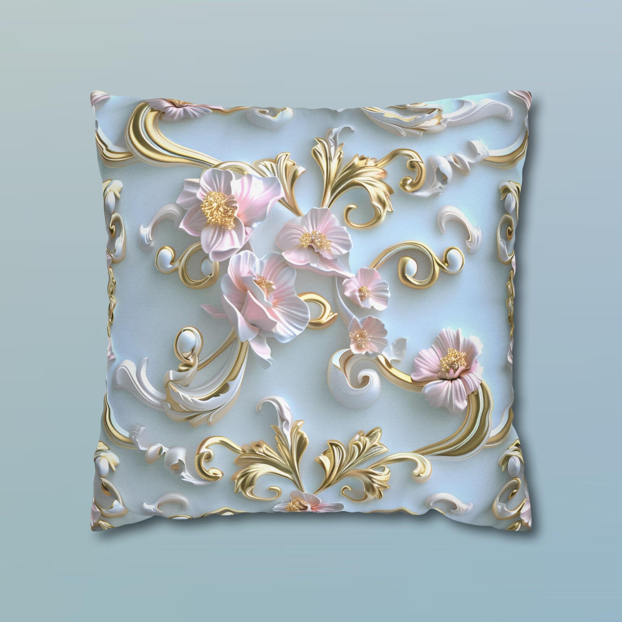 Rococo Coquette Pillow Cover: Pink Flowers, Gold Accents