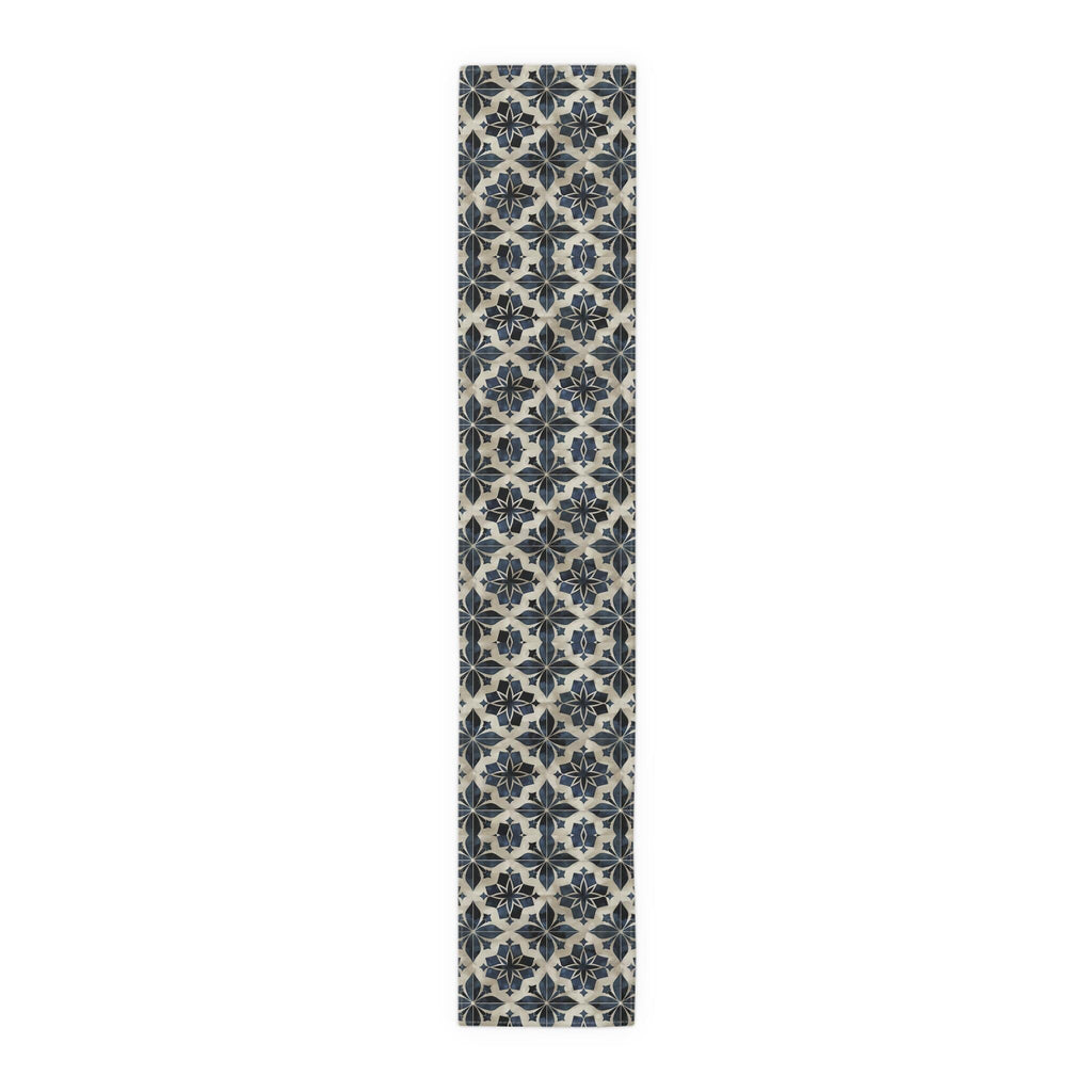 Moroccan Tile-Inspired Table Runner Geometric Pattern, Navy Blue Beige