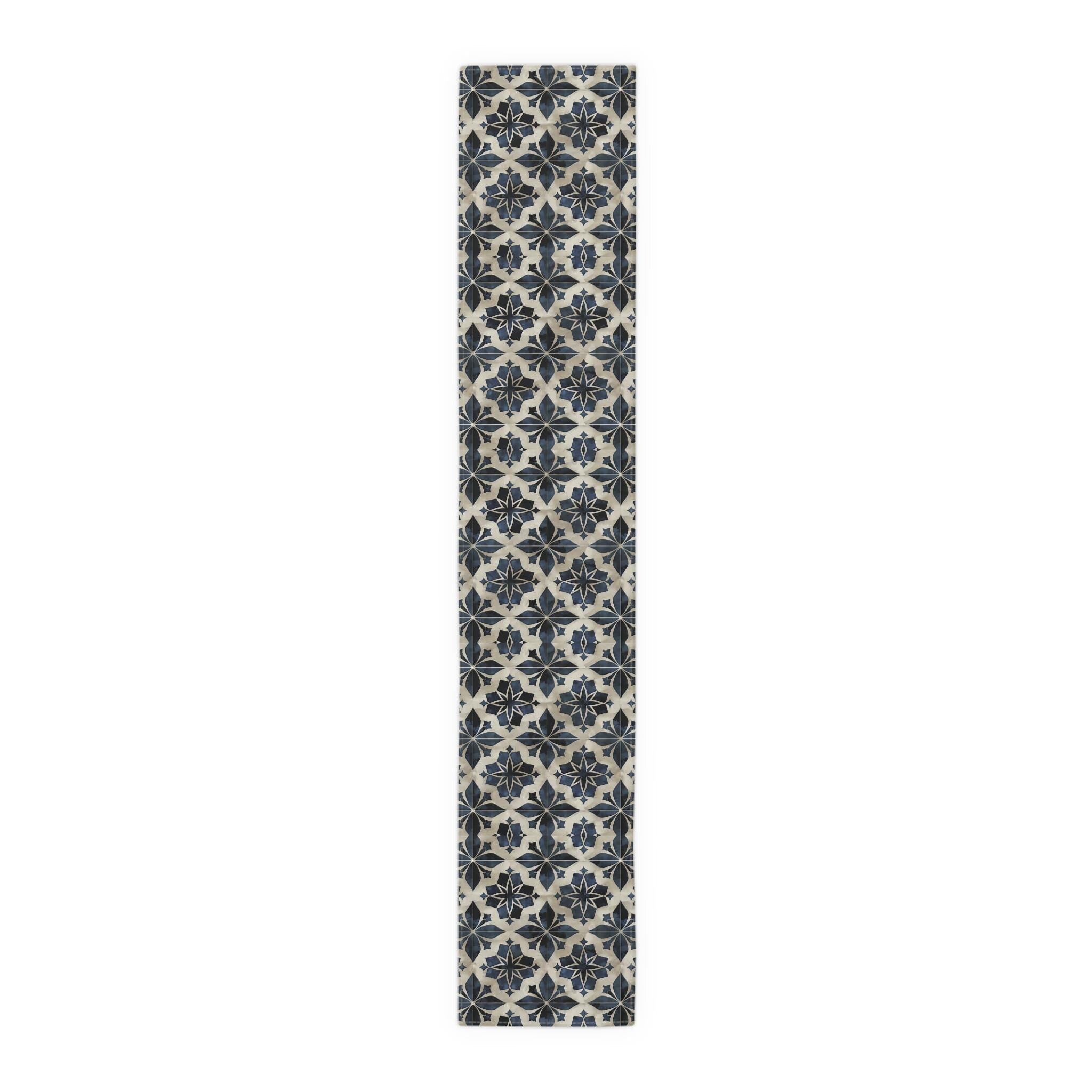 Moroccan Tile-Inspired Table Runner Geometric Pattern, Navy Blue Beige