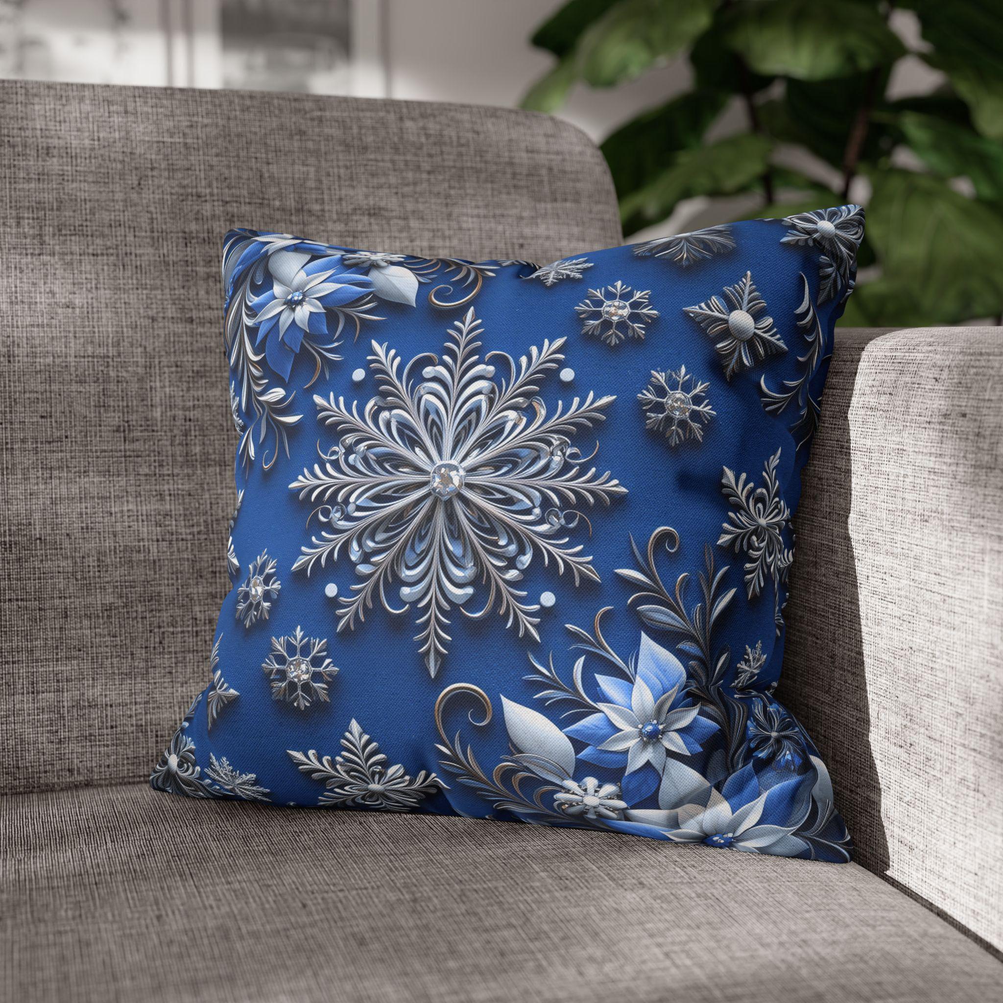 Winter Snowflake Square Pillowcase, Blue Decorative Pillow Cover, Christmas Holiday Home Decor