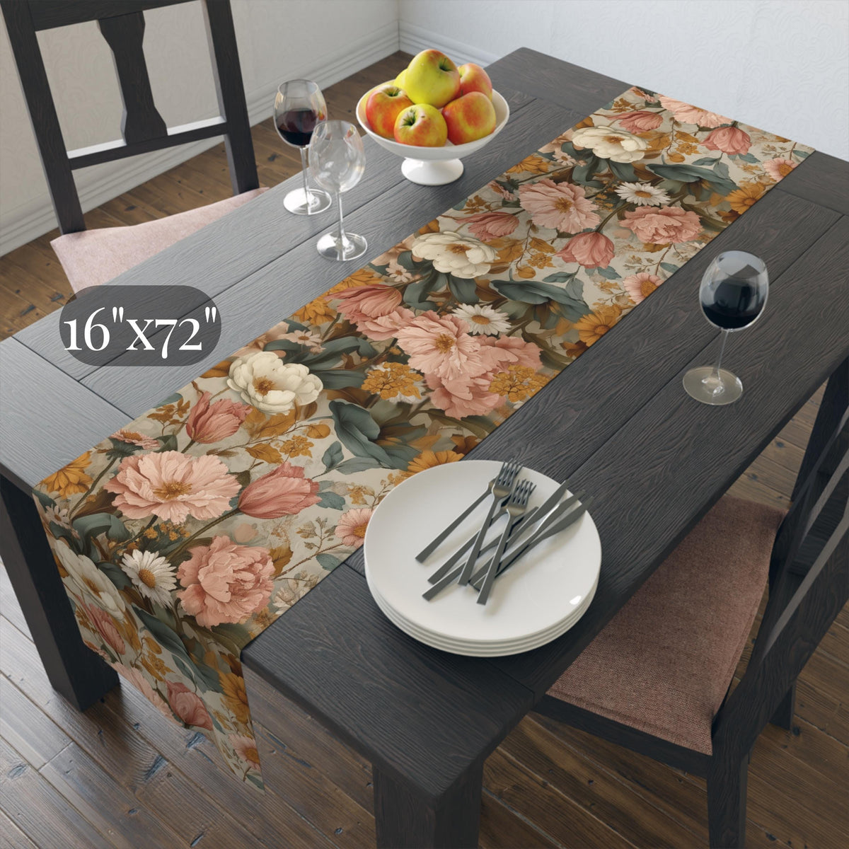 William Morris Inspired Botanical Table Runner: Dusty Rose, Sage, Ochre Autumn Accent