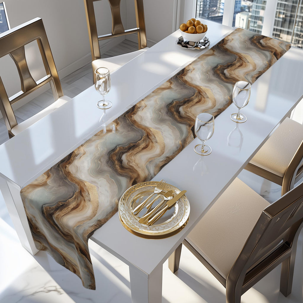 Modern Abstract Table Runner: Brown Marble Look with Gold Color Accents