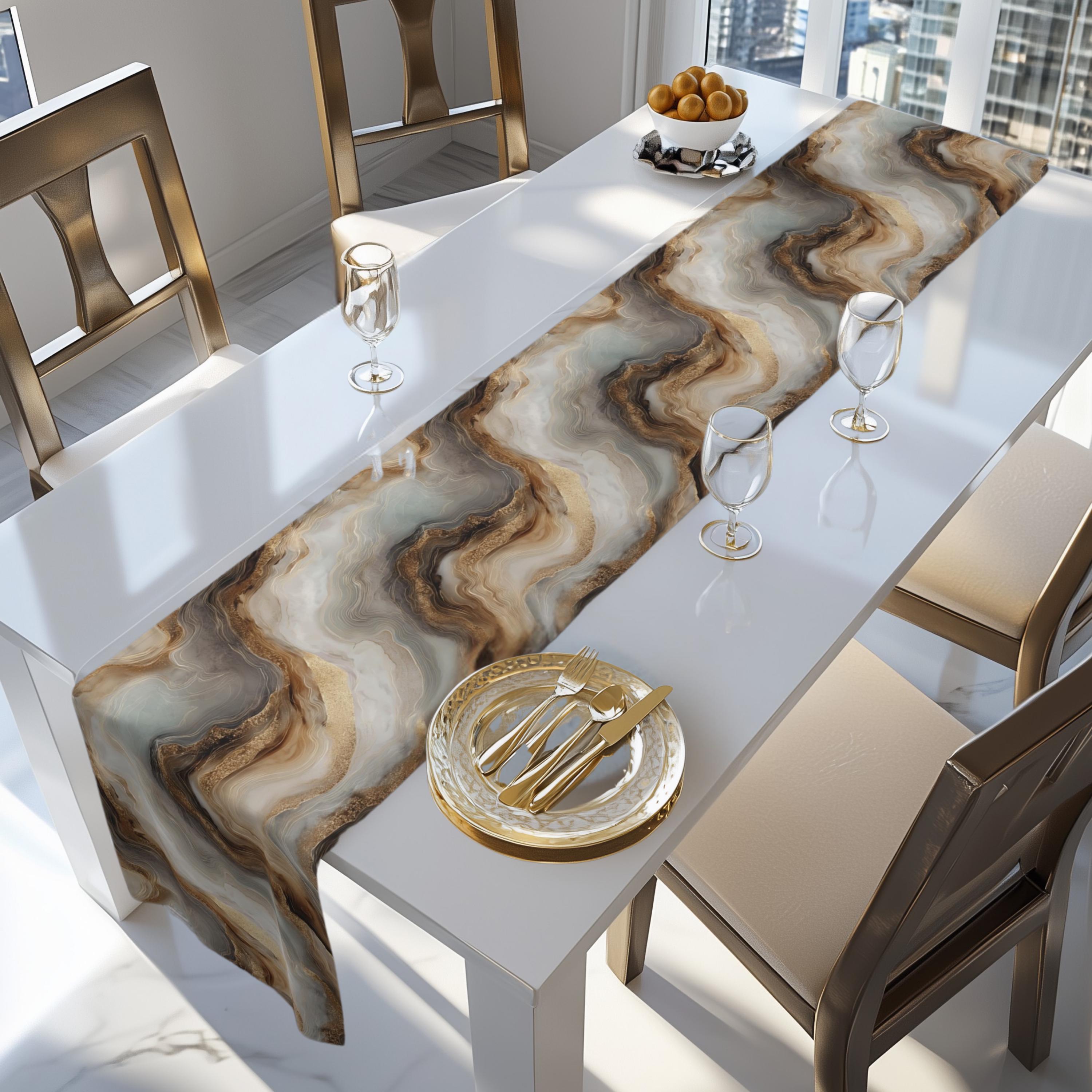 Modern Abstract Table Runner: Brown Marble Look with Gold Color Accents