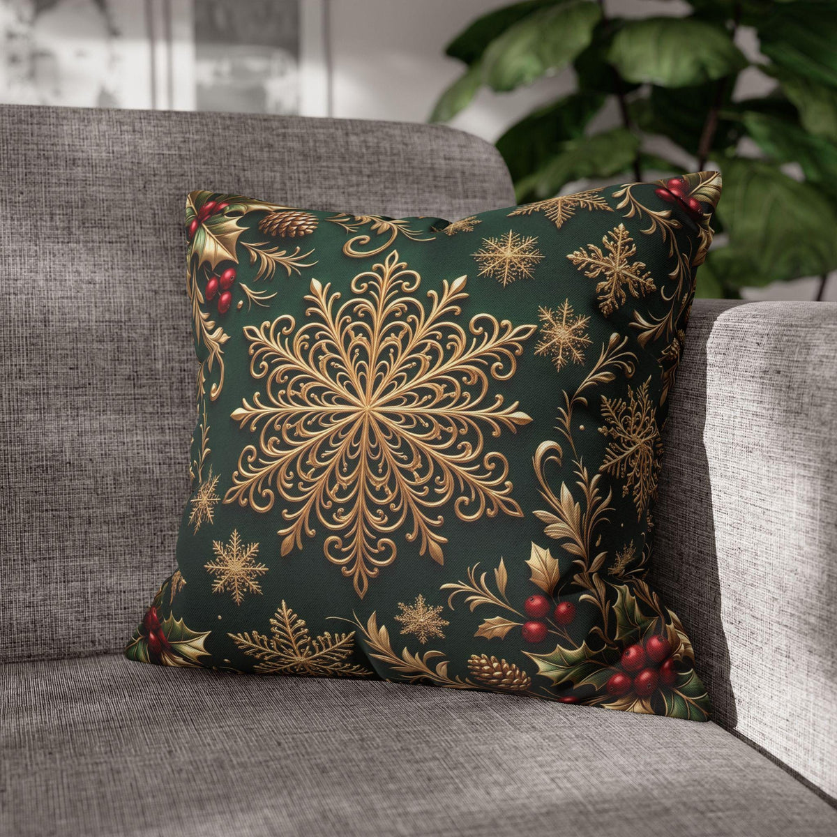 Emerald Green Holiday Pillow Cover: Brushed Gold Snowflake, Jewel Tone Christmas Urban Decor