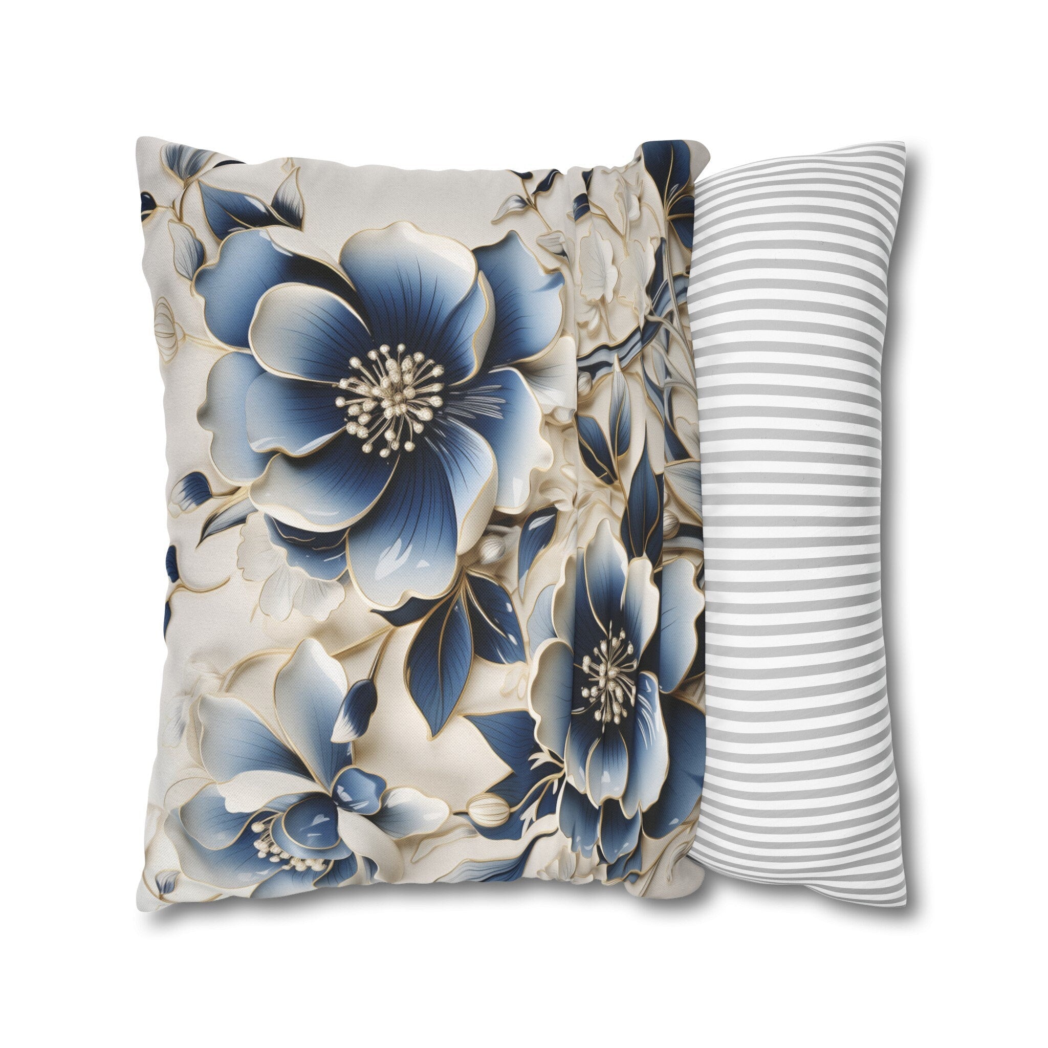 Elegant Chinoiserie Floral Pillow Cover: Blue & Off-White Eastern Motif Cushion for Home Decor