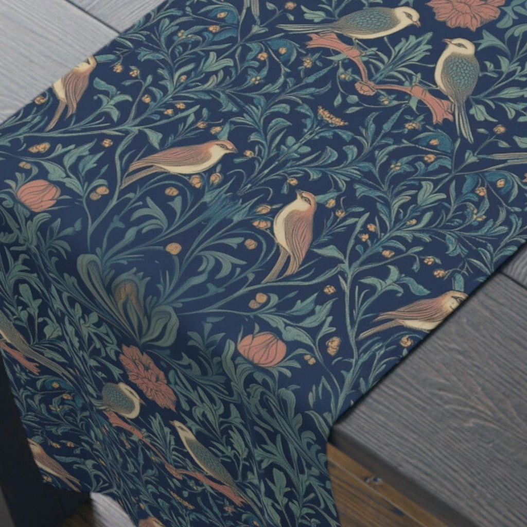 Midnight Songbirds Table Runner: William Morris Birds Pattern Revival