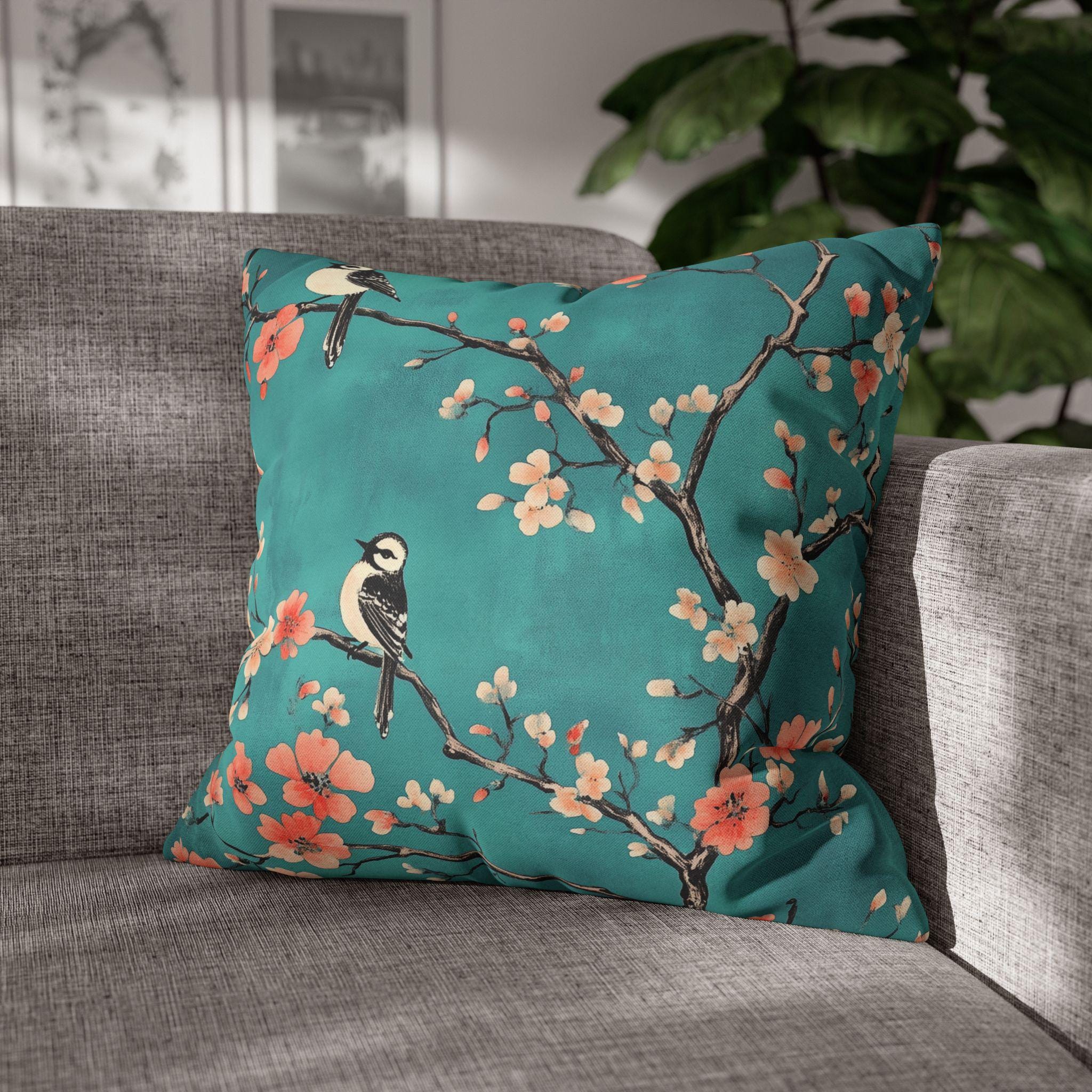 Elegant Chinoiserie Teal Bird Pillow Cover with Coral Blossoms for Nature-Inspired Home Decor