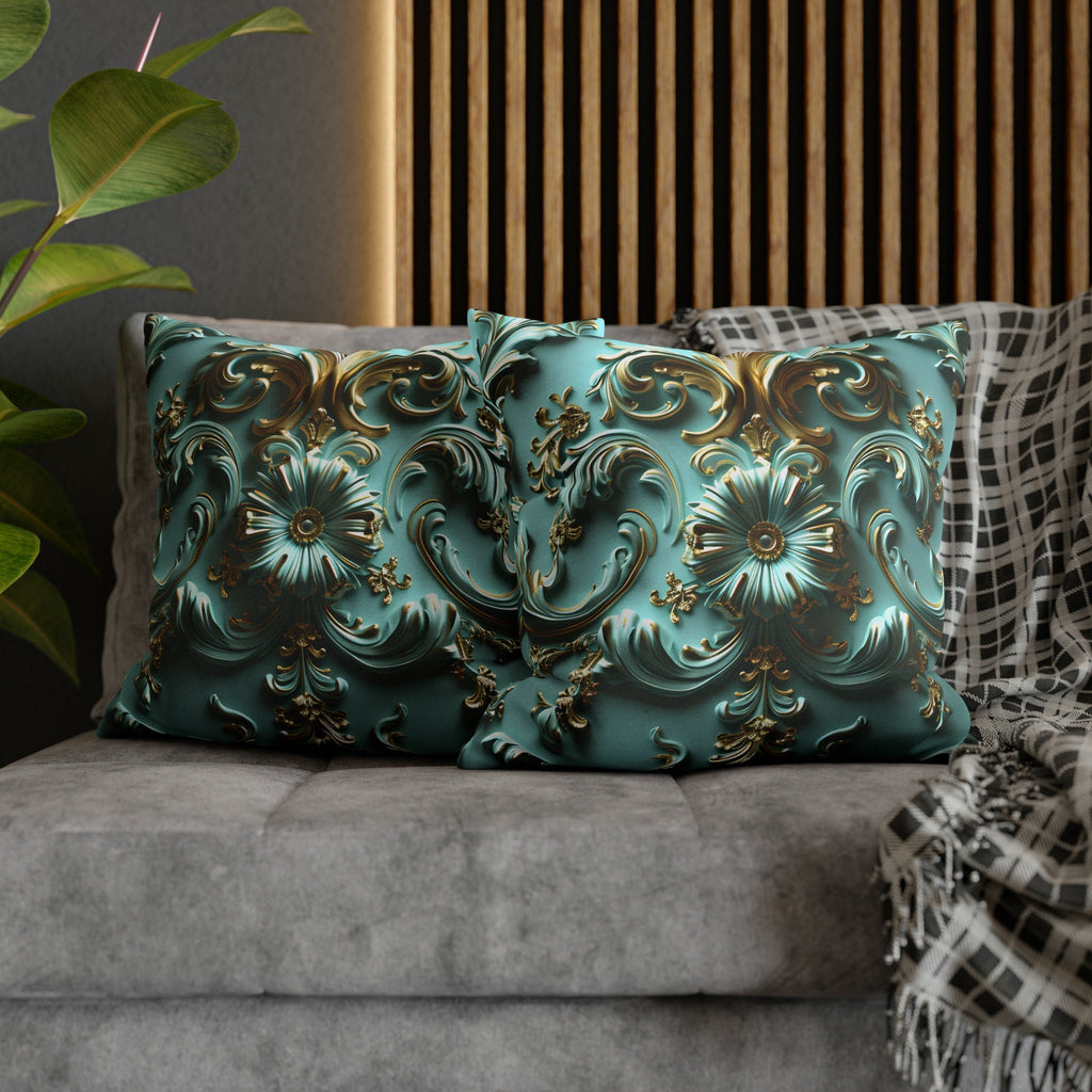 Luxurious Baroque Teal & Gold Floral Throw Pillow Cover | Elegant Scrollwork Design for Dramatic Decor