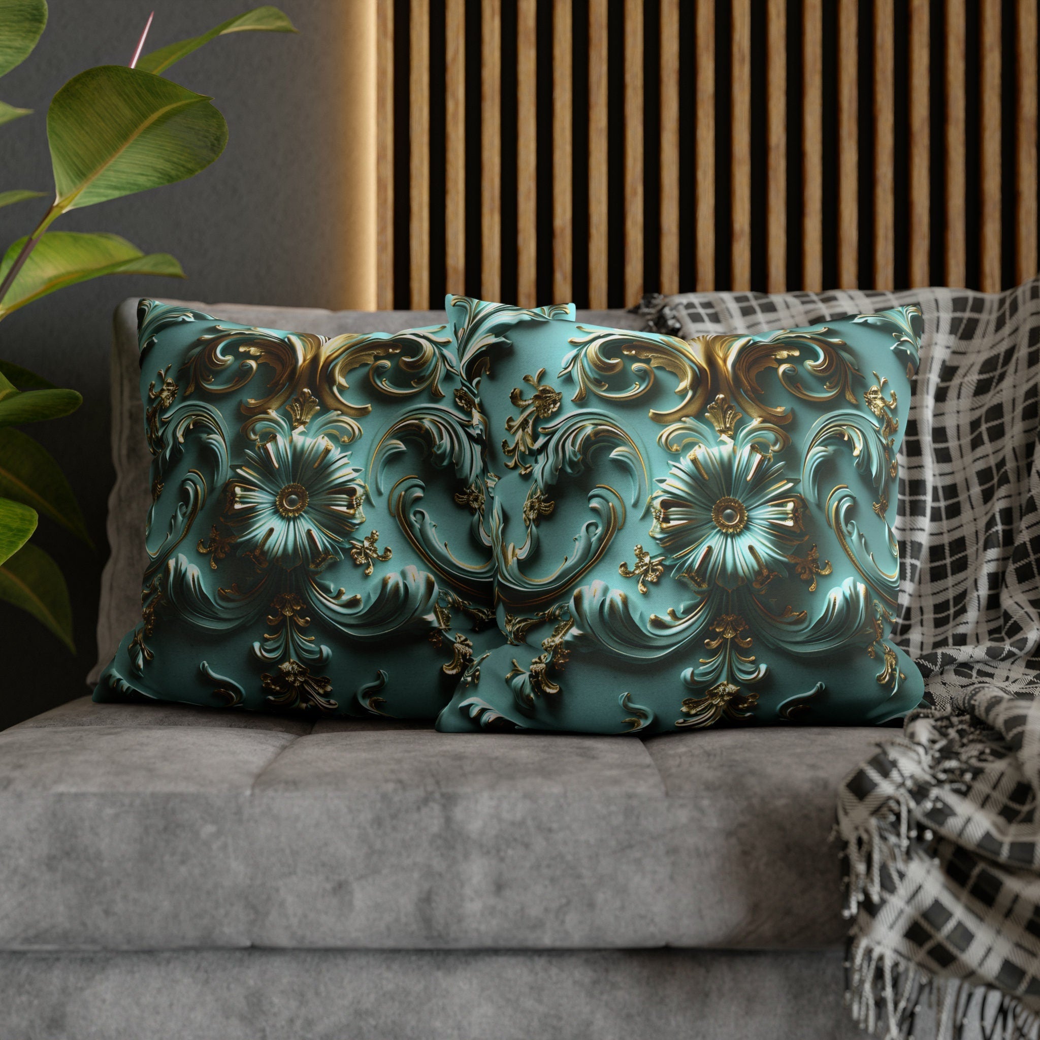Luxurious Baroque Teal & Gold Floral Throw Pillow Cover | Elegant Scrollwork Design for Dramatic Decor