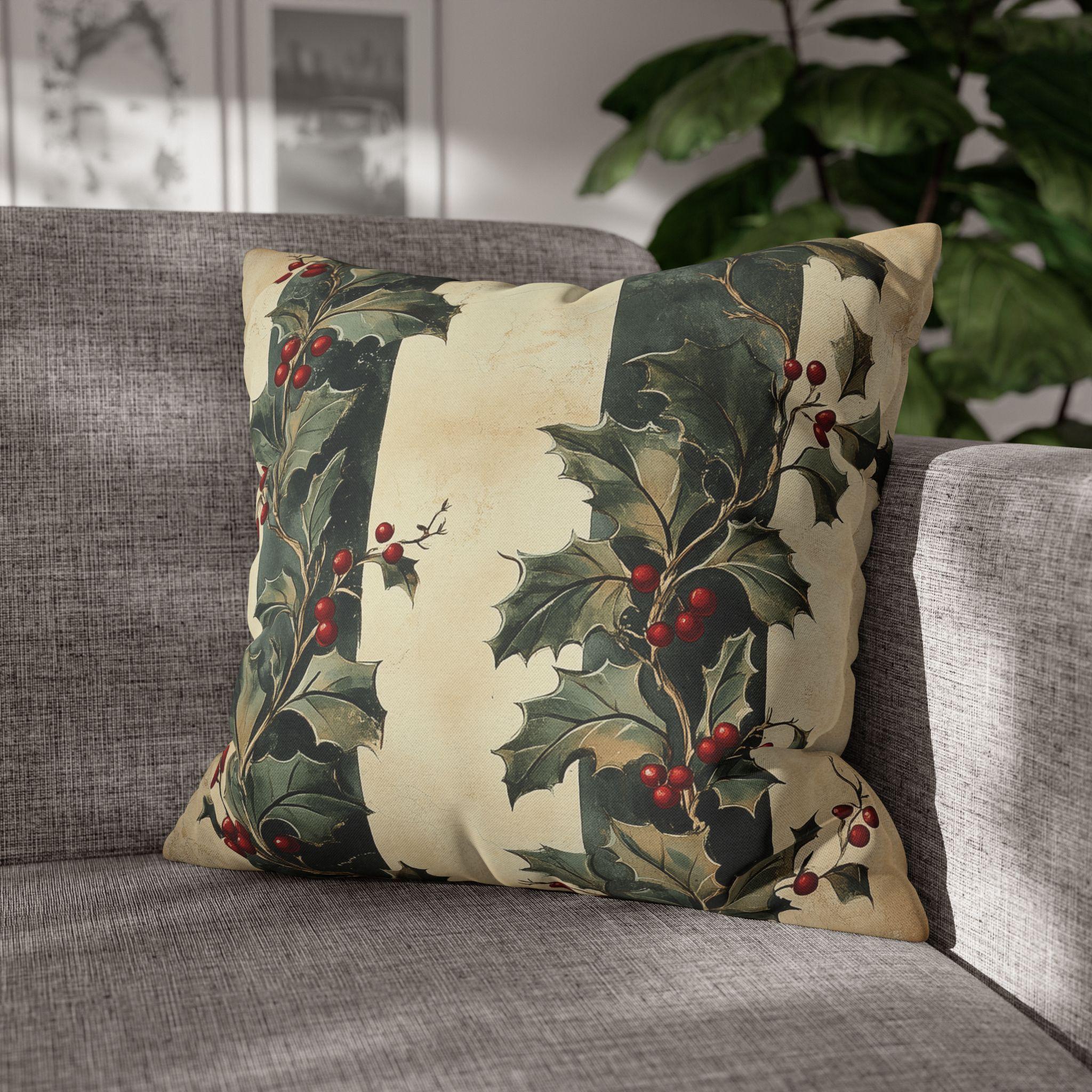 Holly & Stripes Pillow Cover: Vintage Style Christmas Botanical Holiday Accent