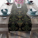 William Morris Christmas Tree Luxury Table Runner, Green & Gold on Black Elegant Christmas Holiday and Winter Decor