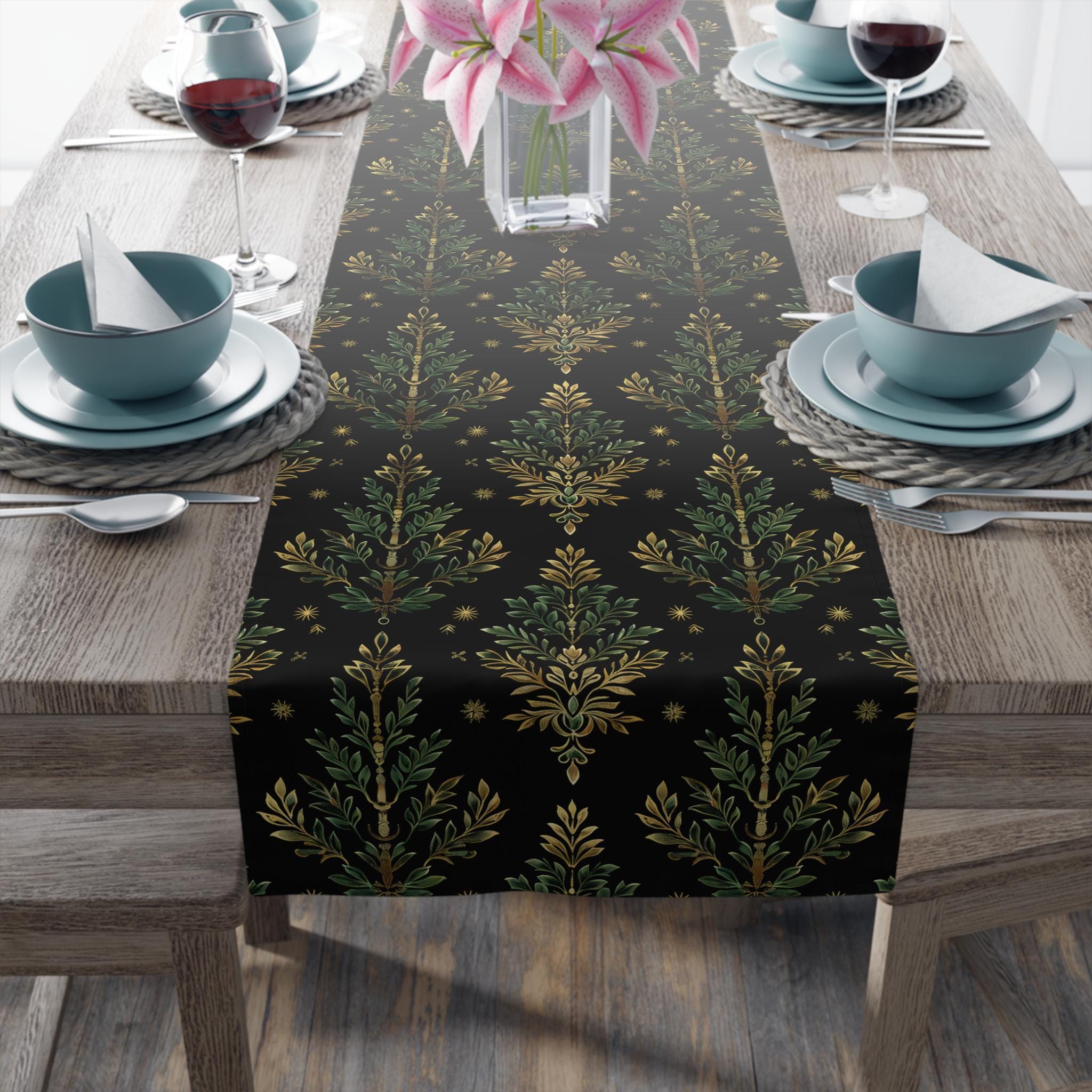 William Morris Christmas Tree Luxury Table Runner, Green & Gold on Black Elegant Christmas Holiday and Winter Decor
