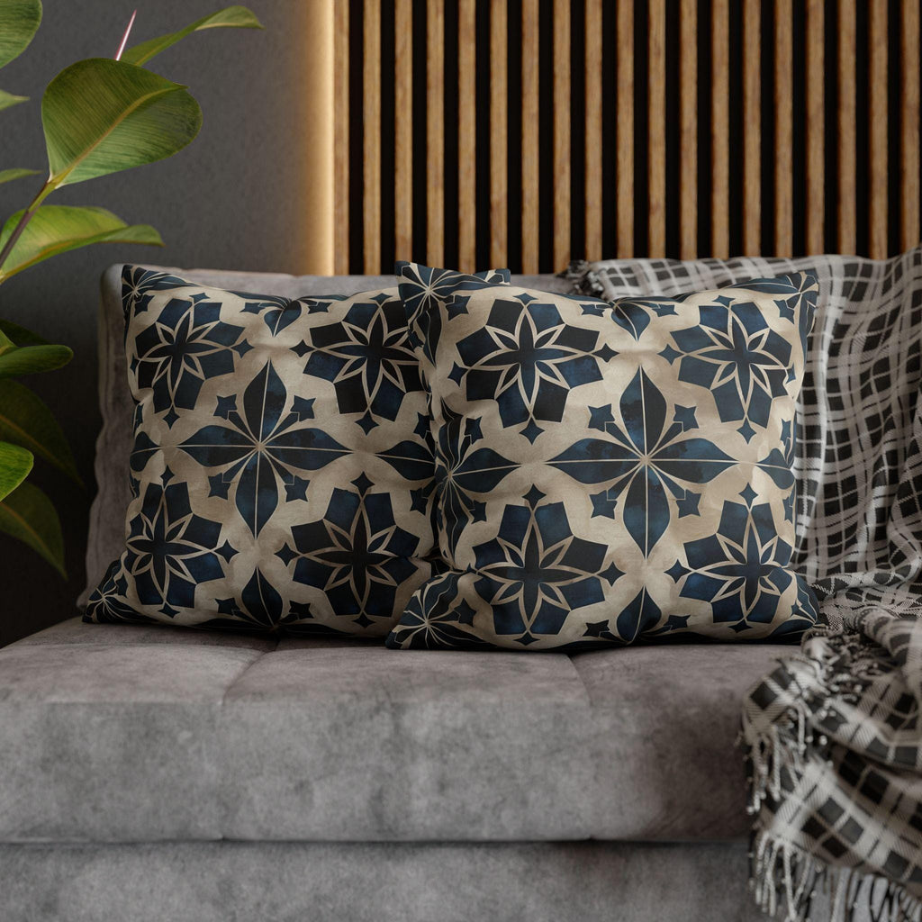 Moroccan Tile Pattern Square Pillowcase, Navy Blue Beige Geometric Design Decorative Cushion Cover