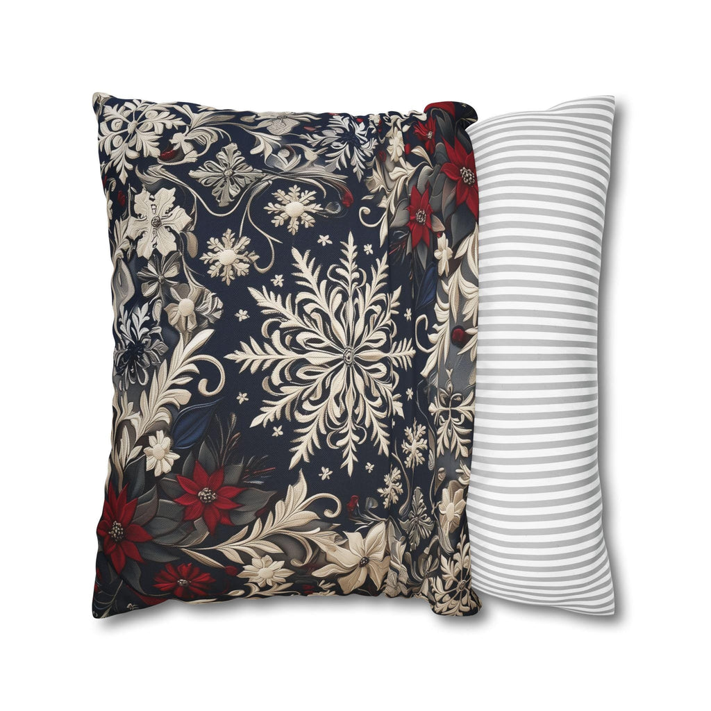 Christmas Snowflake & Poinsettia Pillow Cover: Navy Blue Cream and Garnet Red Cushion Case