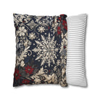 Christmas Snowflake & Poinsettia Pillow Cover: Navy Blue Cream and Garnet Red Cushion Case