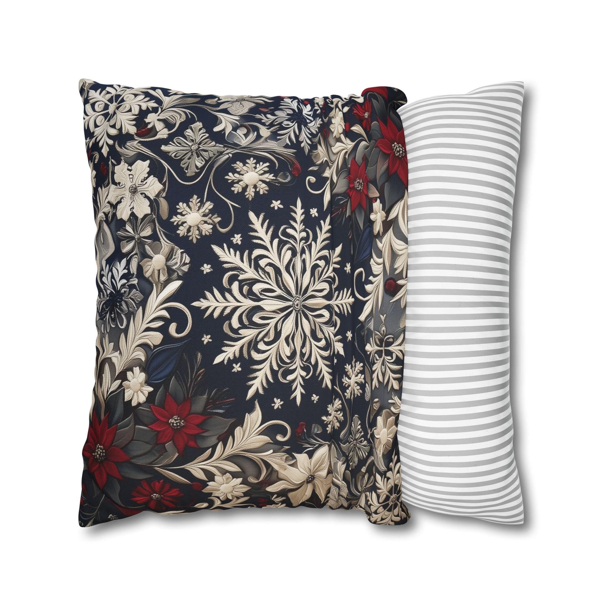 Christmas Snowflake & Poinsettia Pillow Cover: Navy Blue Cream and Garnet Red Cushion Case