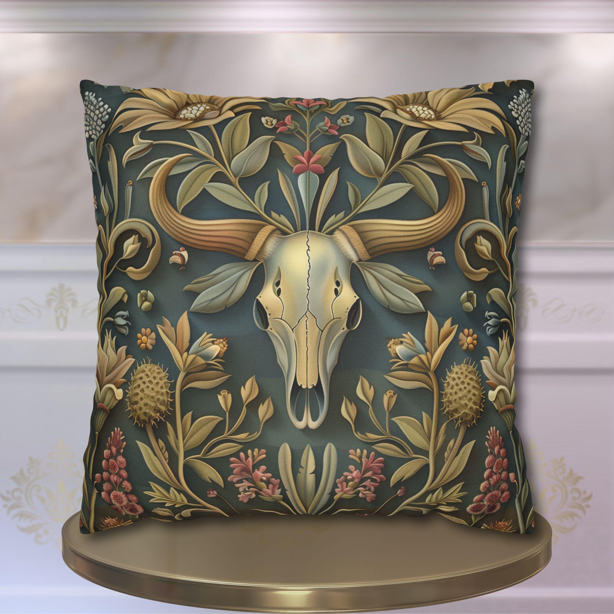 Longhorn Skull Floral Pillow Cover: Western Arts & Crafts Decor with Morris-Inspired Southwest Design