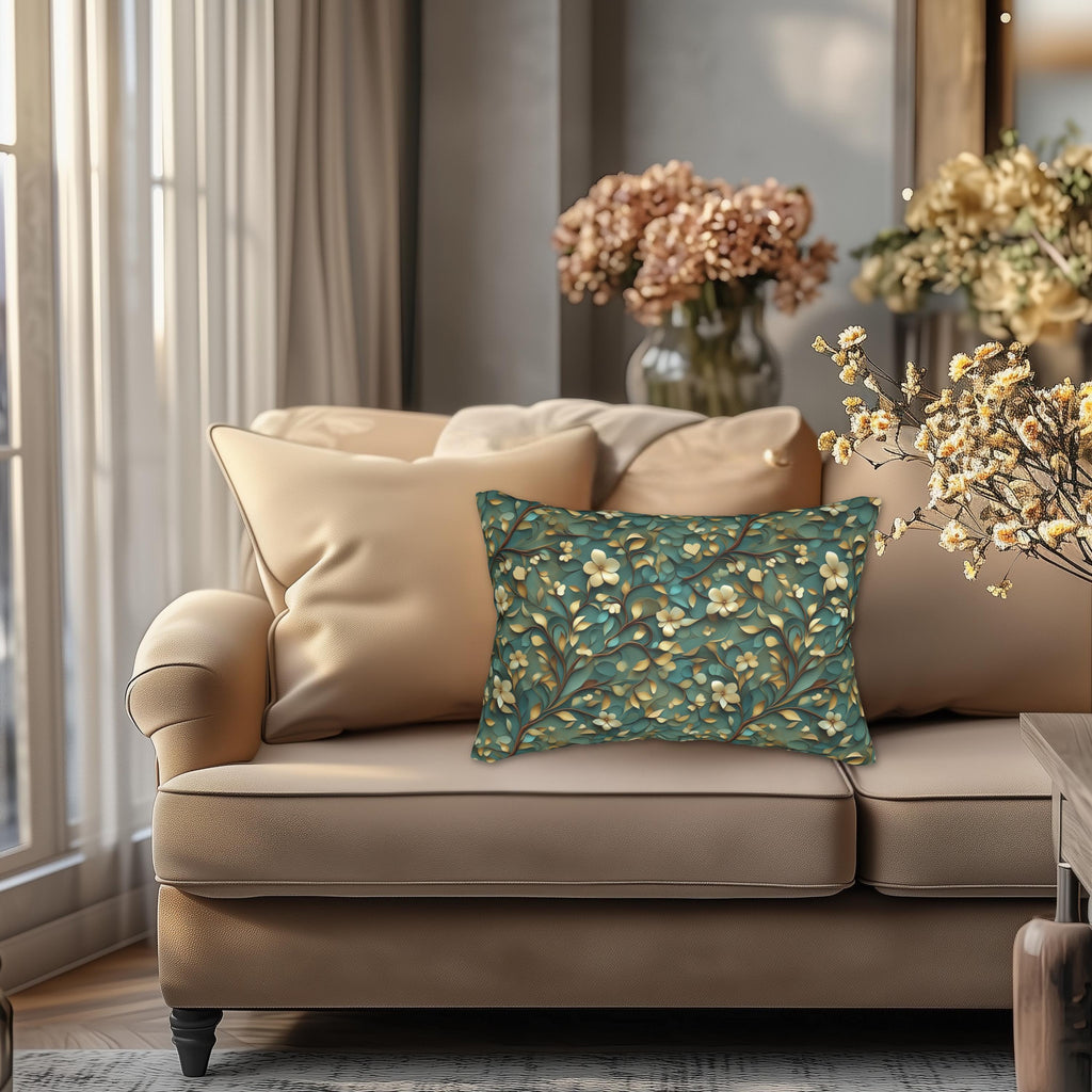 Luxurious William Morris Inspired Floral Lumbar Pillow: Green & Gold Botanical Design