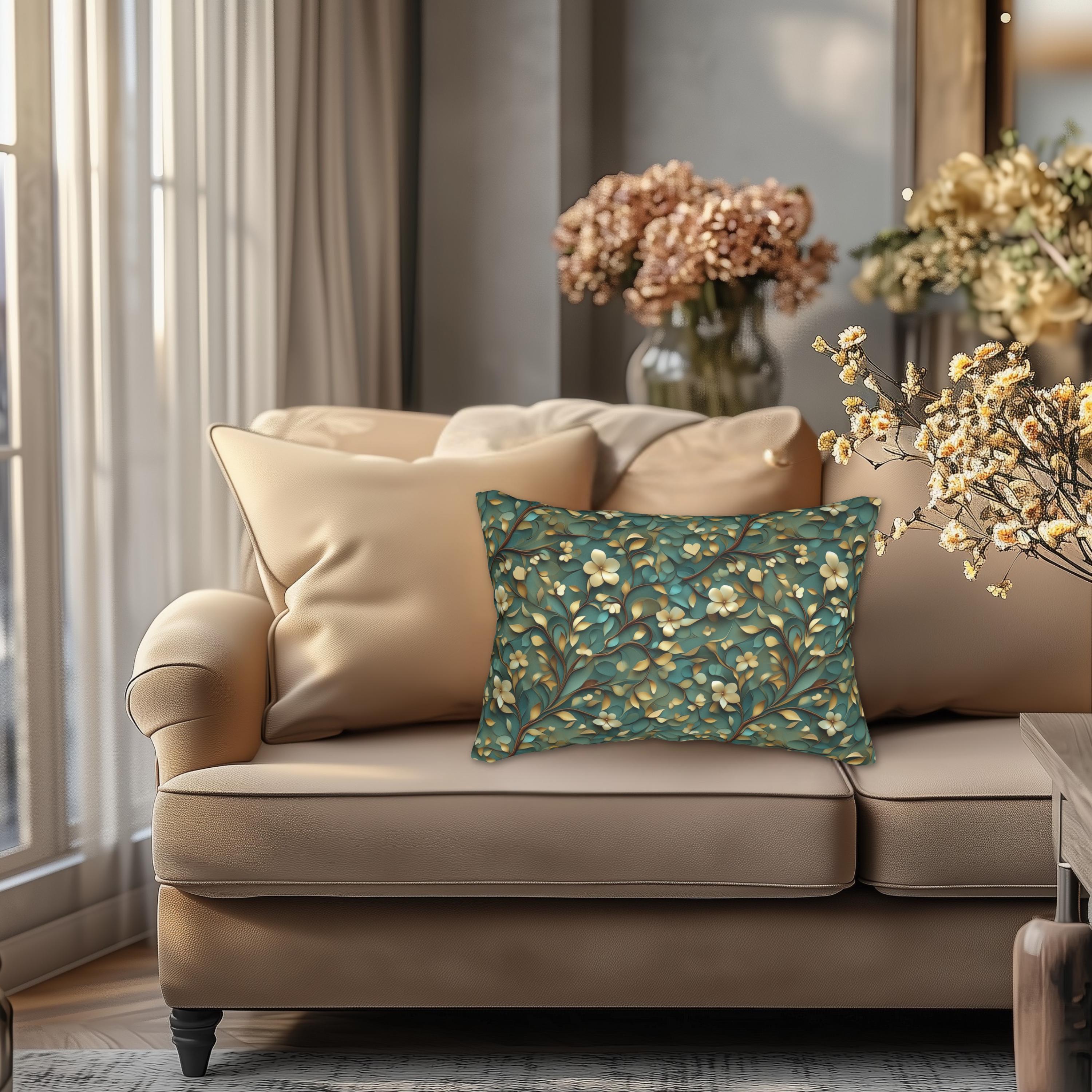 Luxurious William Morris Inspired Floral Lumbar Pillow: Green & Gold Botanical Design