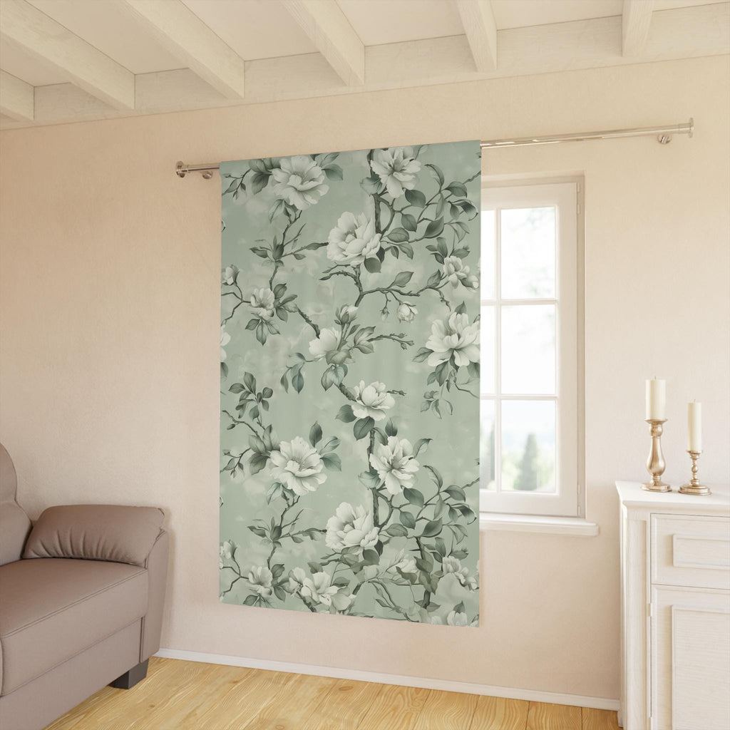 Elegant White Magnolia Blackout Curtain with Mint Green Background - Floral Window Decor panel