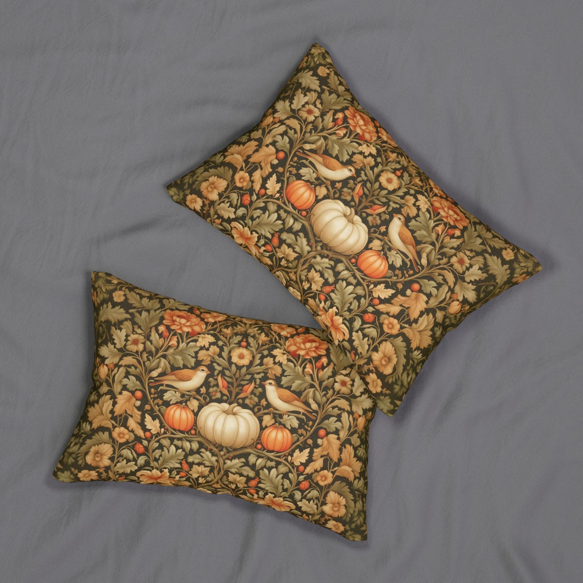 Pumpkin Thief Fall Lumbar Pillow: William Morris Inspired Songbirds, Pumpkins, Autumn Flowers (20"x14")