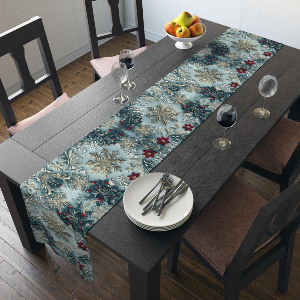 Elegant Blue Chinoiserie Christmas Table Runner: Snowflake & Holly Design for Holiday Dining Decor