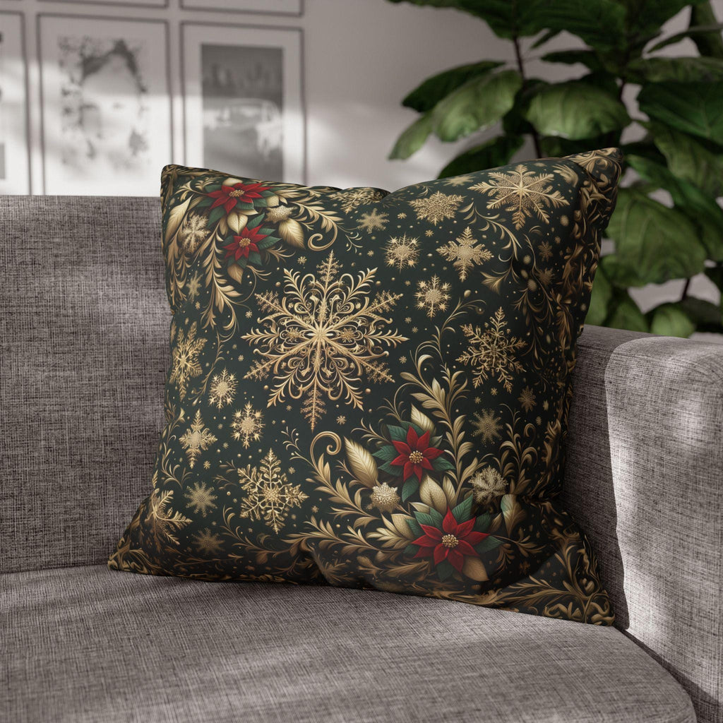 Poinsettia Christmas Pillow Cover: Gold Snowflakes on Emerald Green