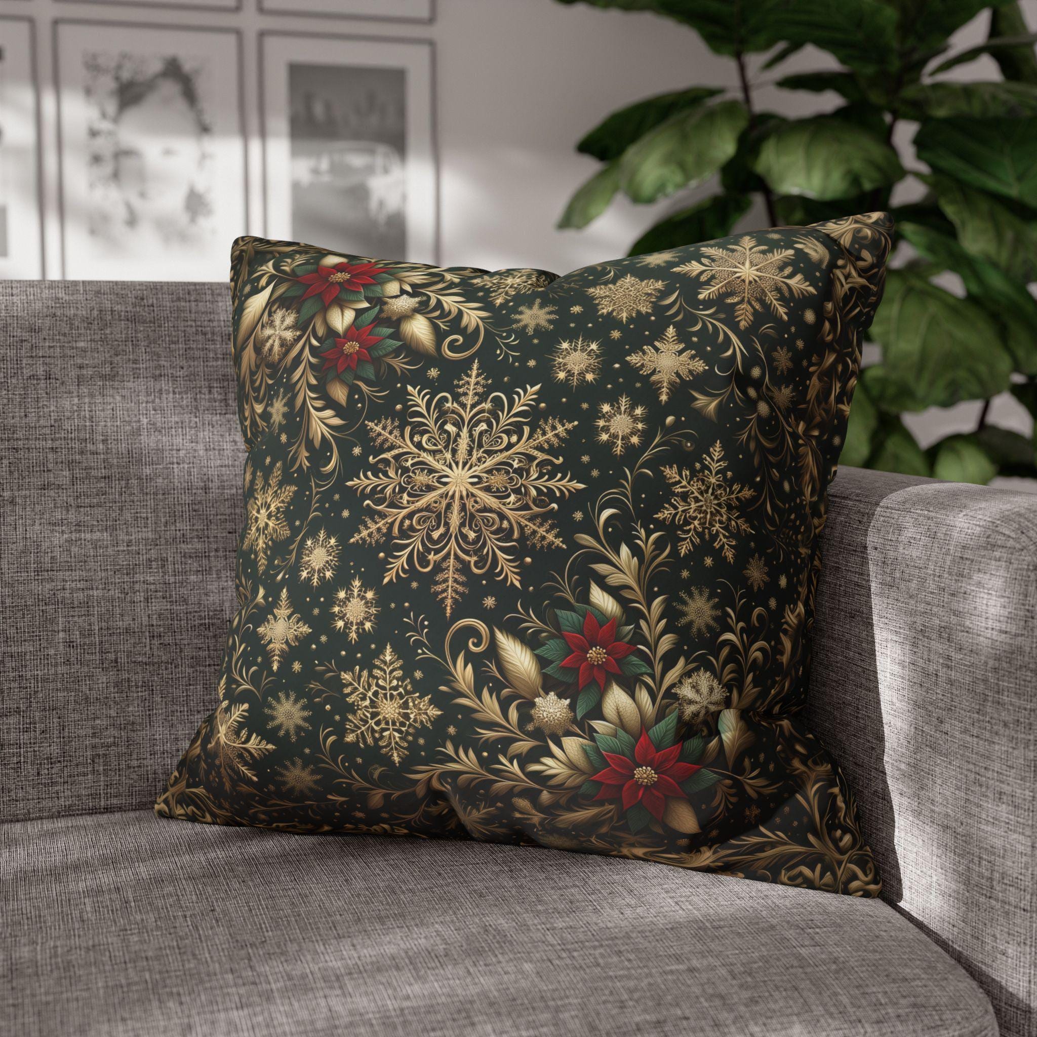 Poinsettia Christmas Pillow Cover: Gold Snowflakes on Emerald Green