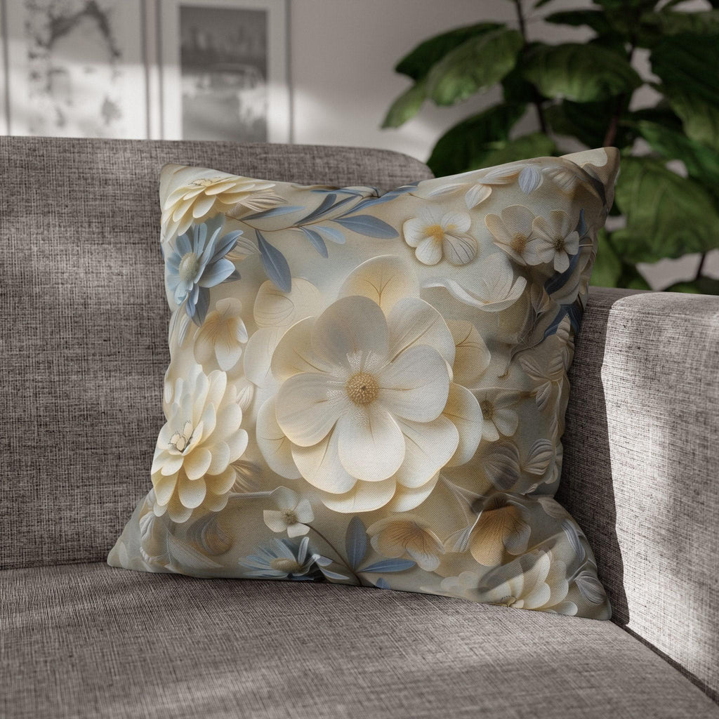 Floral Pillow Cover: Cream, Ivory & Blue Blossoms, Elegant Home Decor