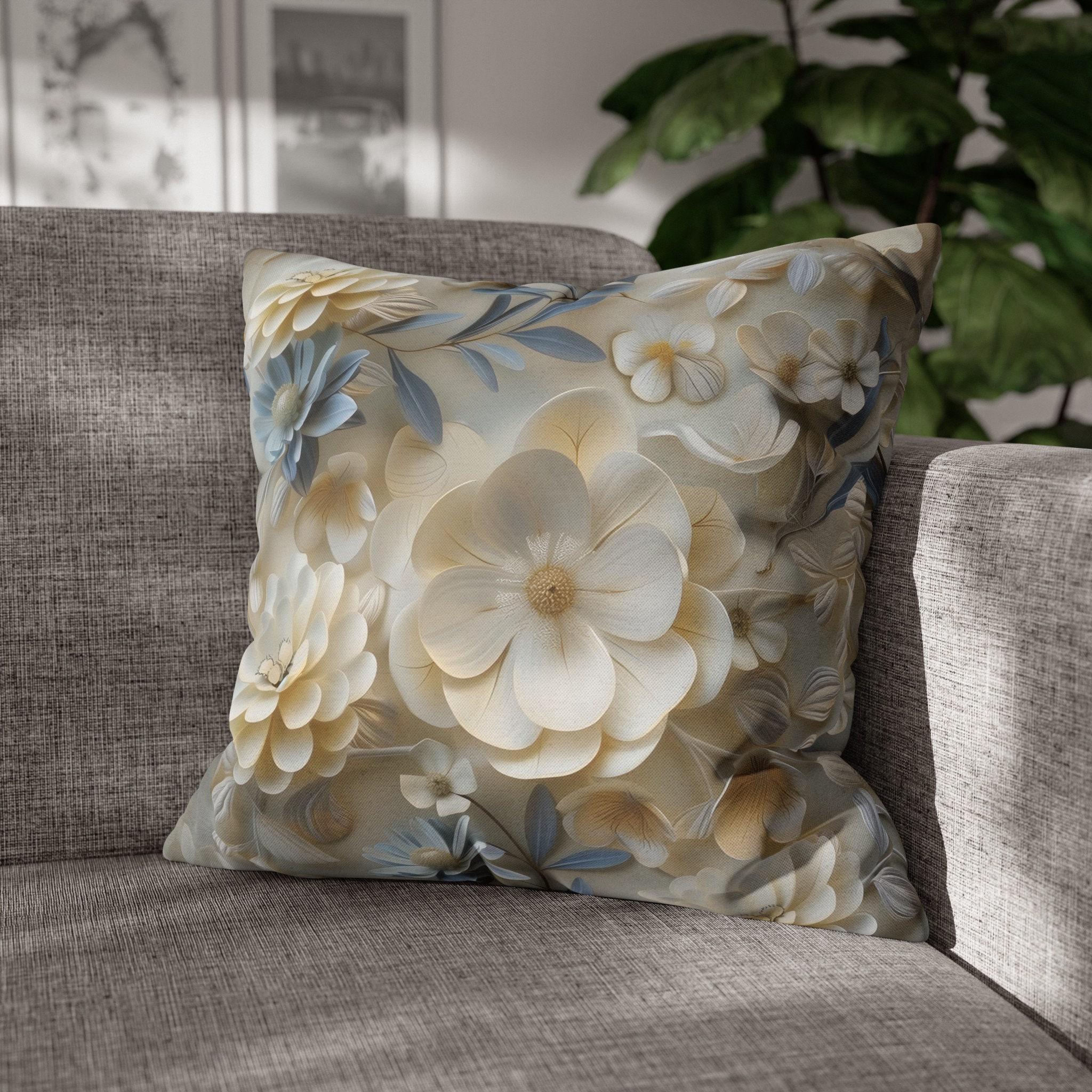 Floral Pillow Cover: Cream, Ivory & Blue Blossoms, Elegant Home Decor