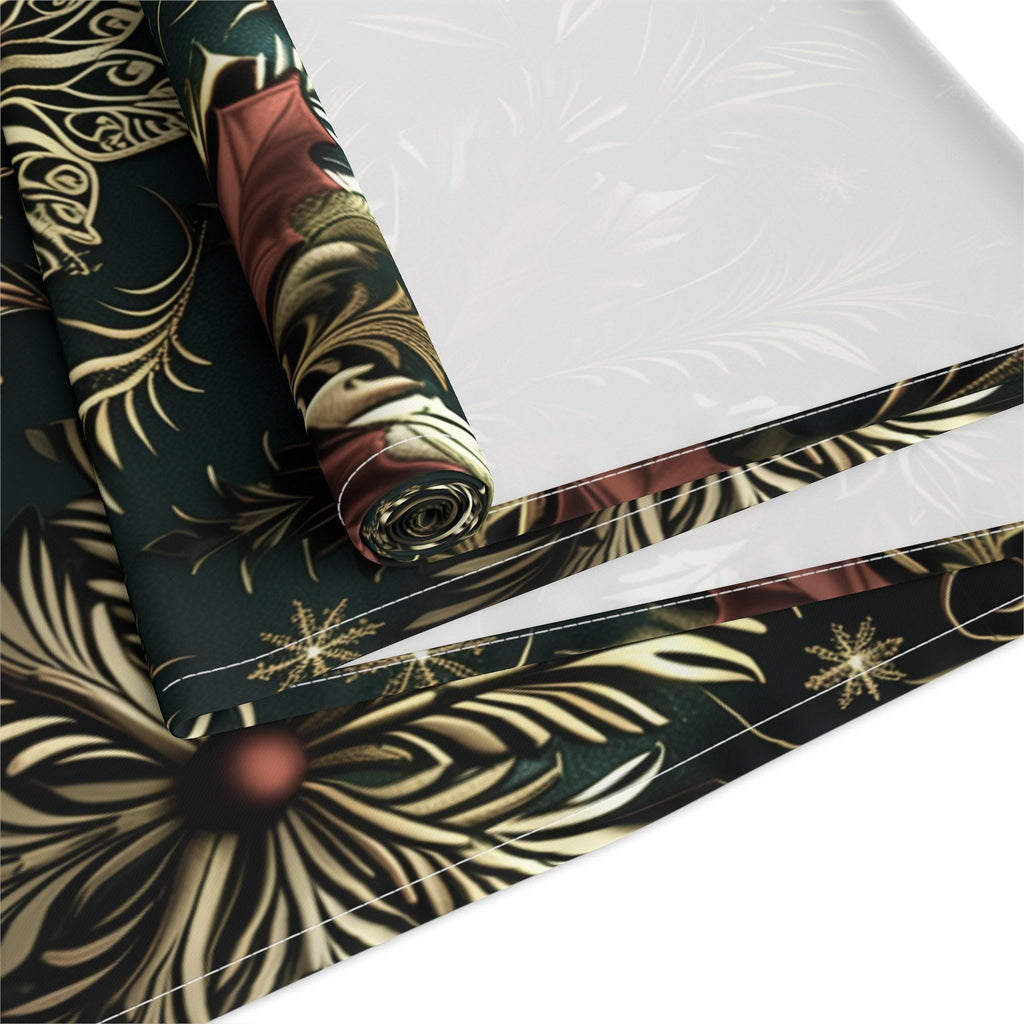 Emerald Green Holiday Table Runner: Gold Snowflakes, Red Poinsettias