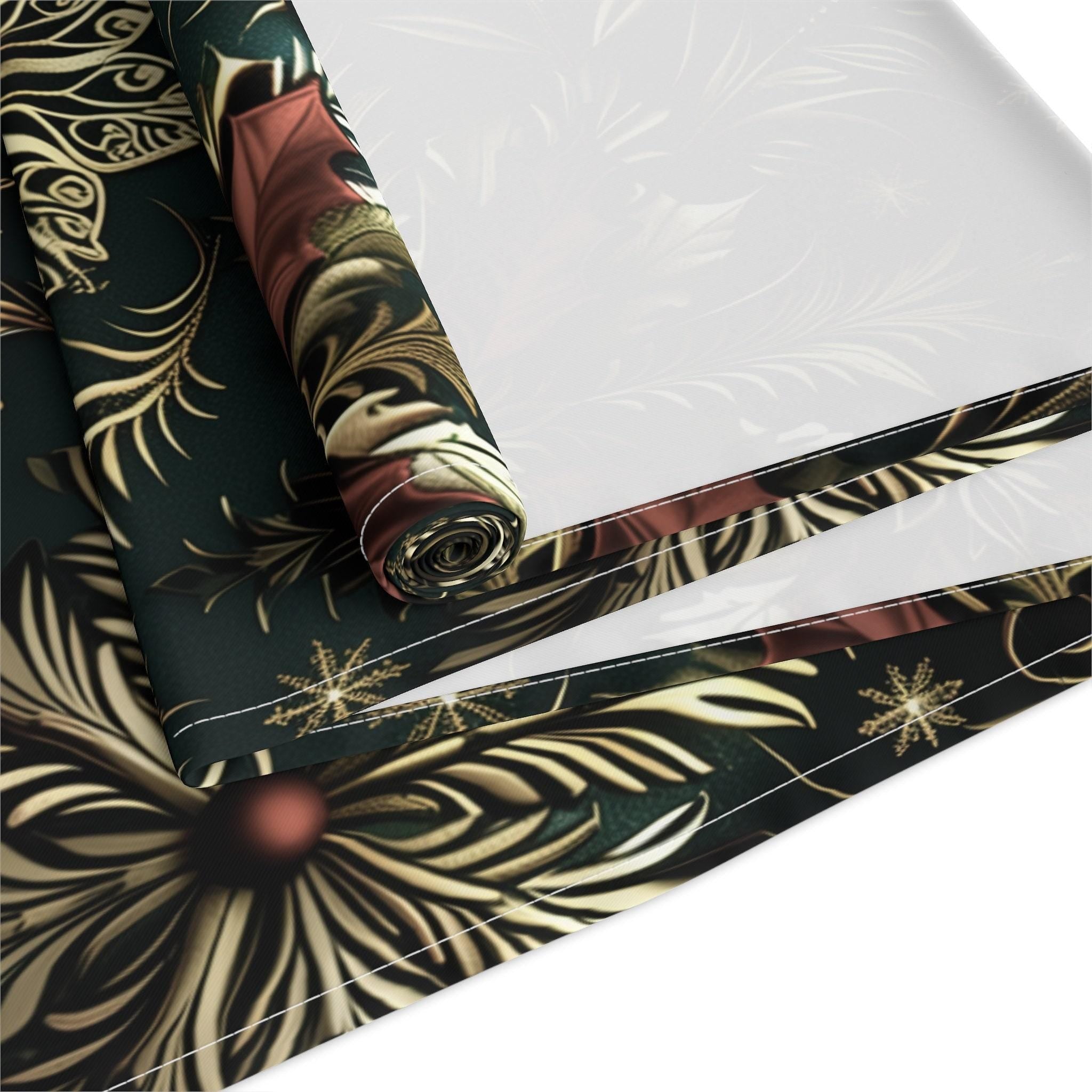 Emerald Green Holiday Table Runner: Gold Snowflakes, Red Poinsettias