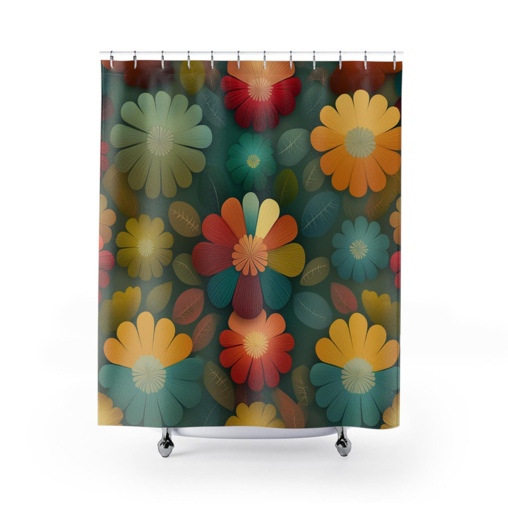 Retro Botanical Shower Curtain: Boho Floral Fabric in Teal, Mustard, and Terracotta