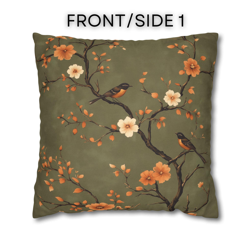 Chinoiserie Bird Pillow Cover: Peach & Brown Floral, Olive Green Accent